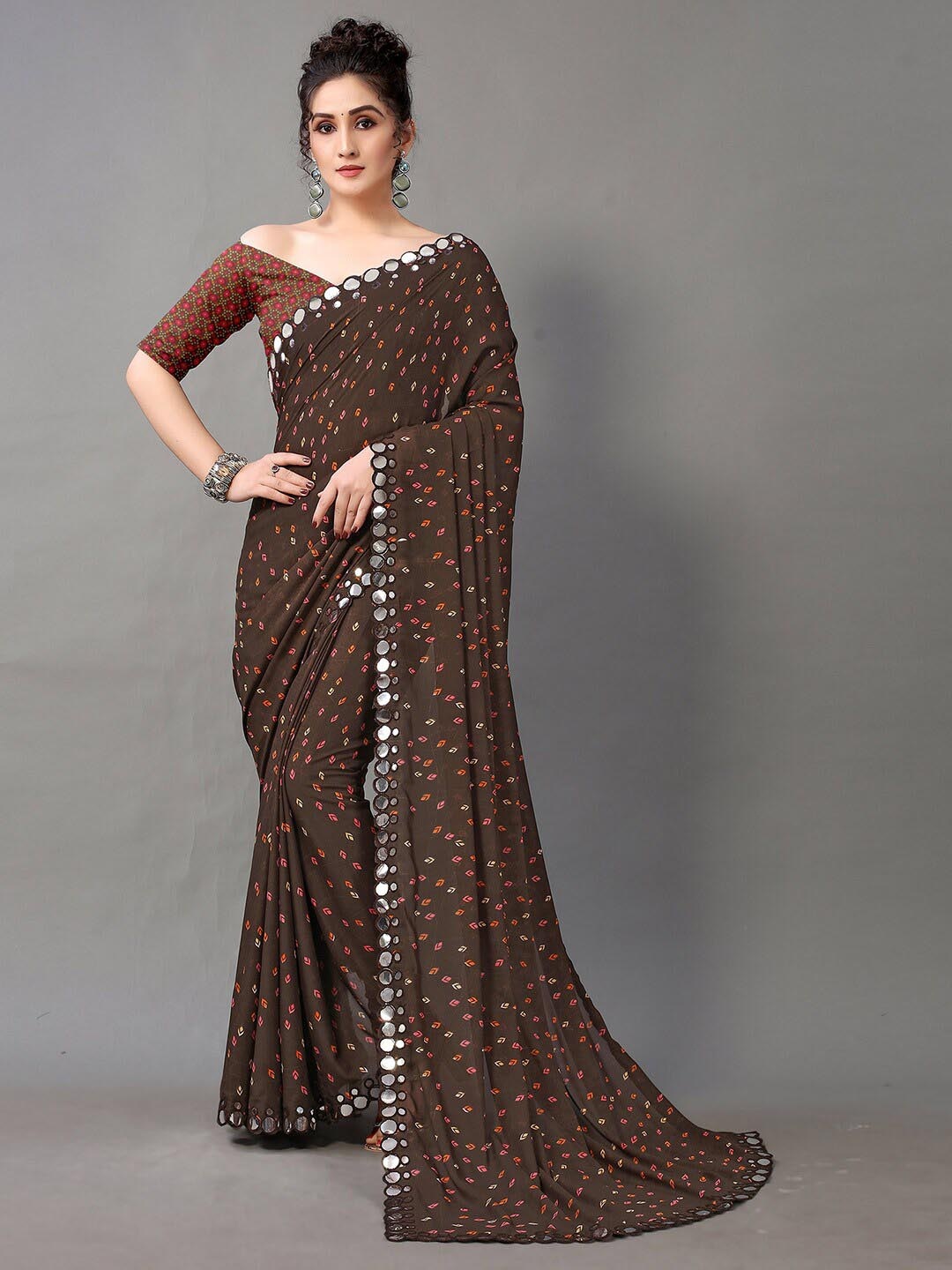 

Shaily Geometric Printed Mirror Work Pure Georgette Saree, Brown