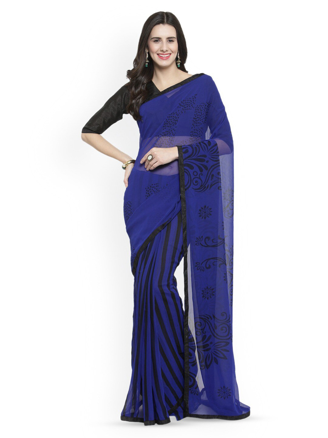 

Shaily Ethnic Motifs Printed Pure Georgette Saree, Navy blue
