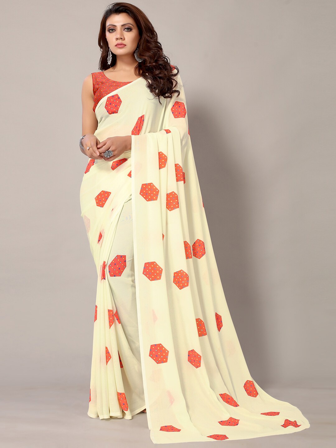 

Shaily Geometric Printed Saree, Cream