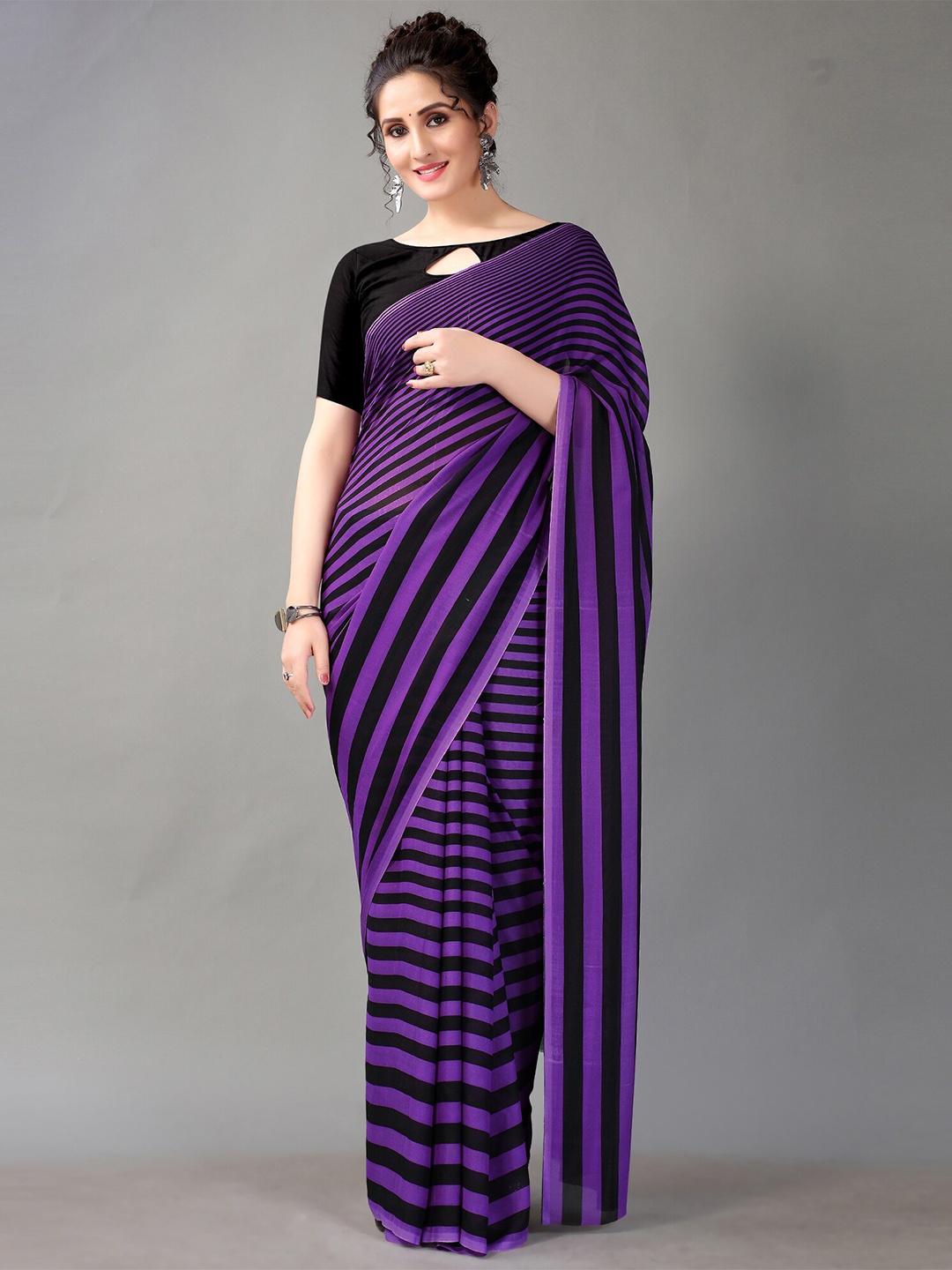 

Shaily Striped Saree with Blouse Piece, Purple