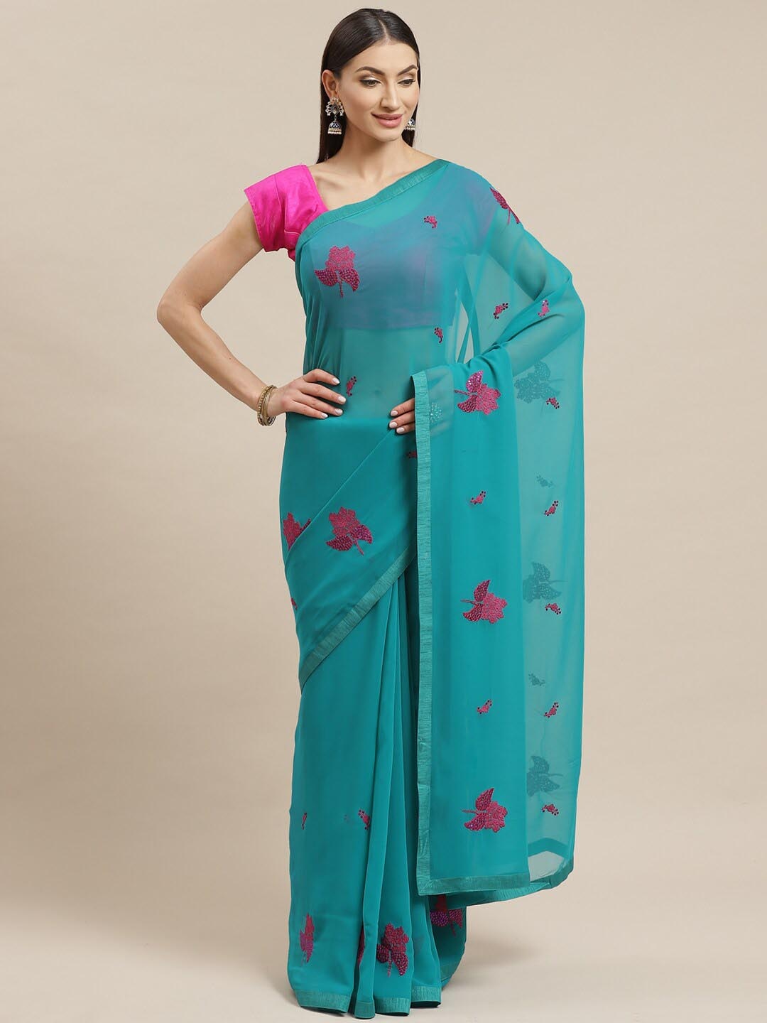 

Shaily Floral Sequinned Embroidered Pure Georgette Saree, Sea green