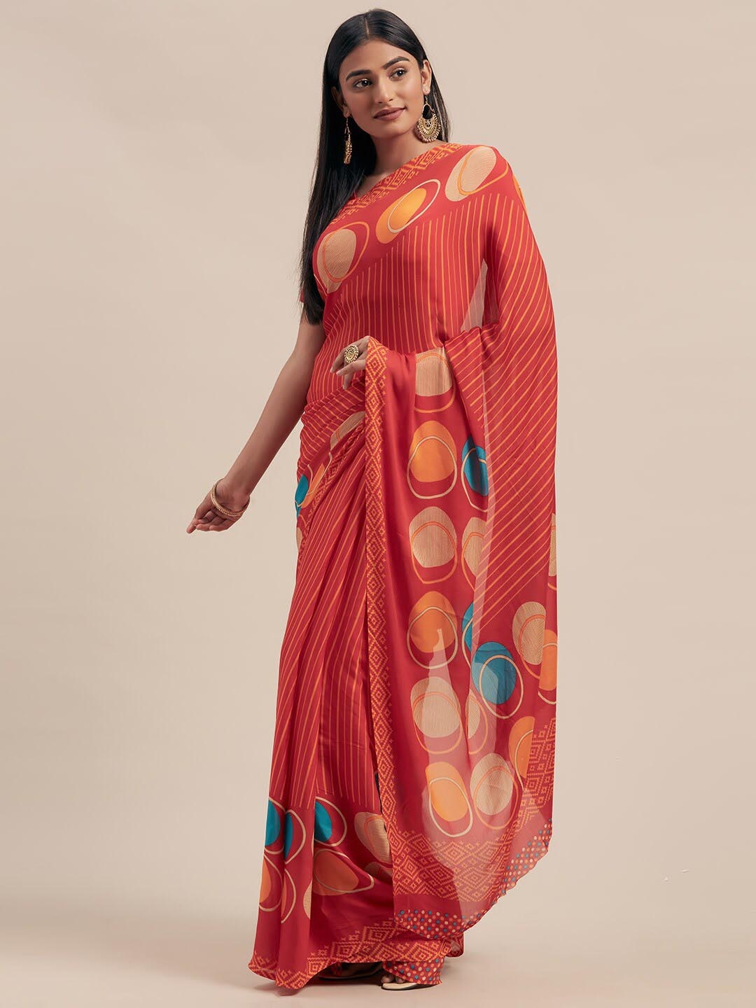 

Shaily Red & Beige Striped Poly Georgette Saree