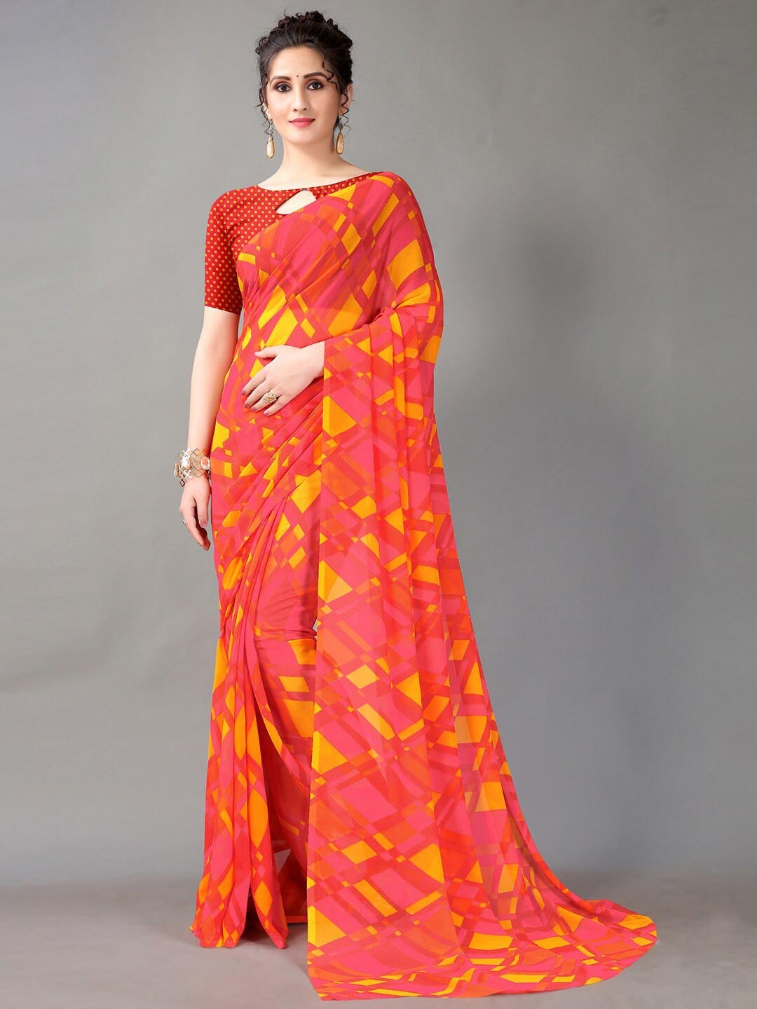 

Shaily Pink & Yellow Geometric Printed Saree