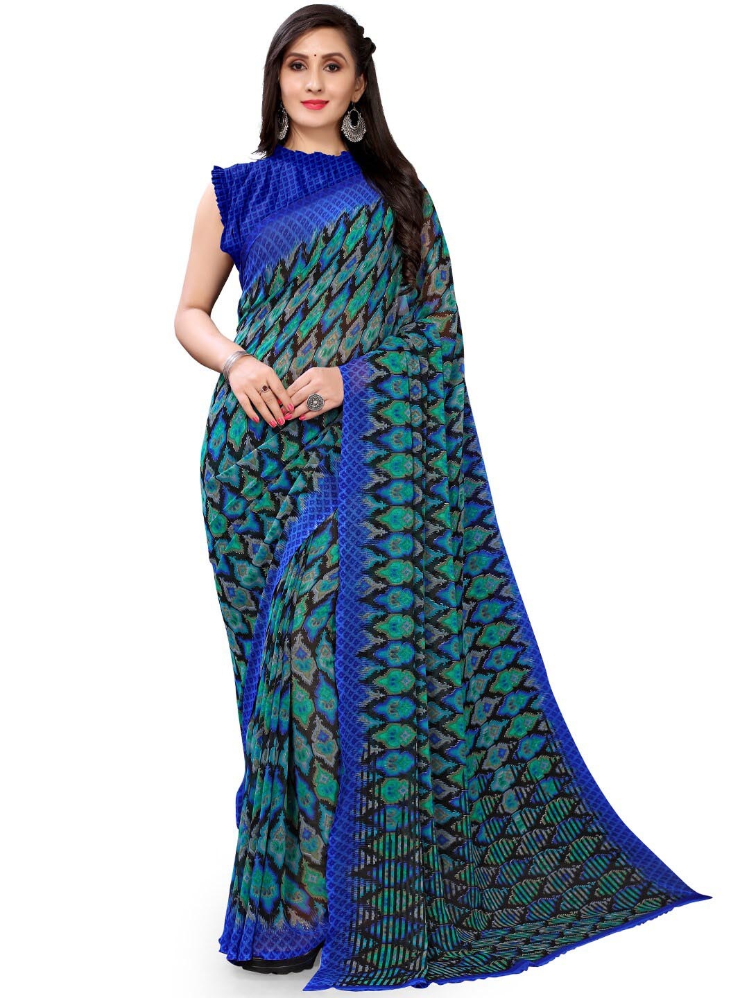 

Shaily Ethnic Motifs Printed Pure Georgette Block Print Saree, Blue