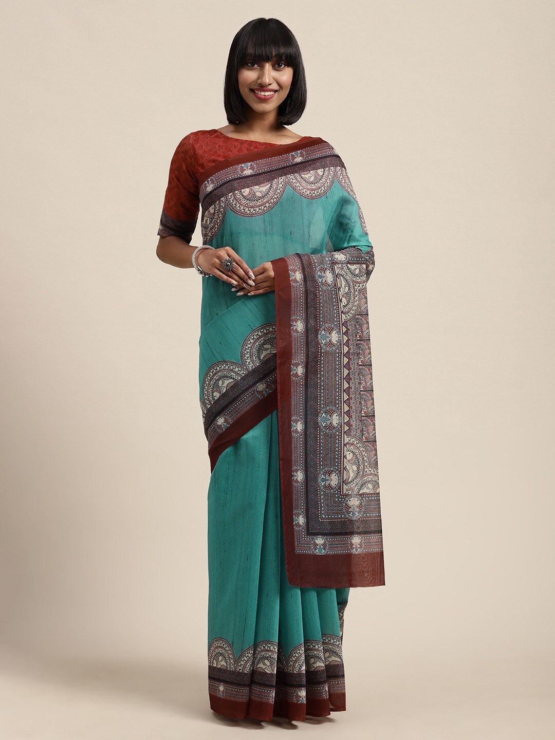 

Shaily Ethnic Motifs Printed Saree, Teal