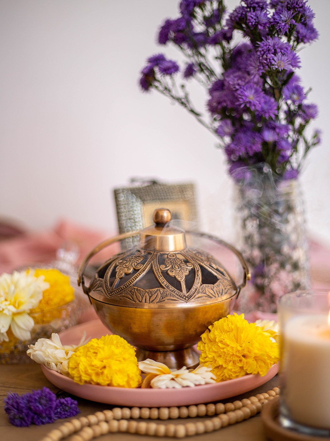 

Ritualistic Gold Toned Textured Brass Dhoop Dani with Handle