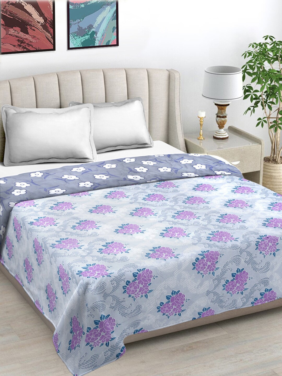 

FABINALIV Grey & Pink Floral Reversible Mild Winter 350 GSM Double Bed Comforter