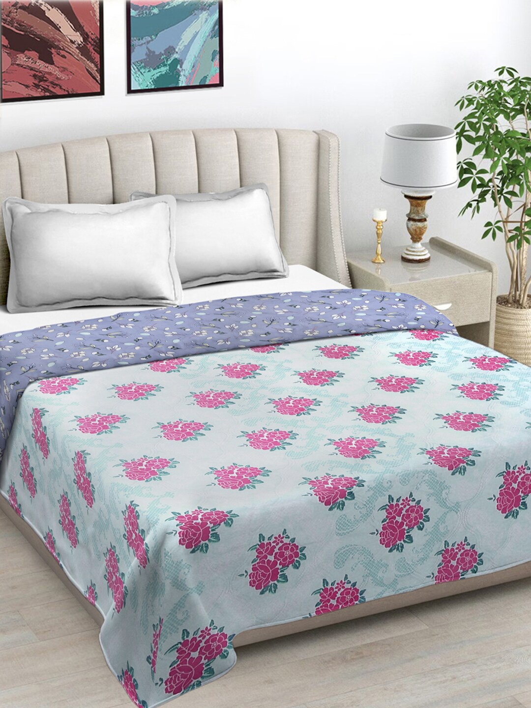 

FABINALIV Blue & Pink Floral Mild Winter Reversible 350 GSM Double Bed Comforter
