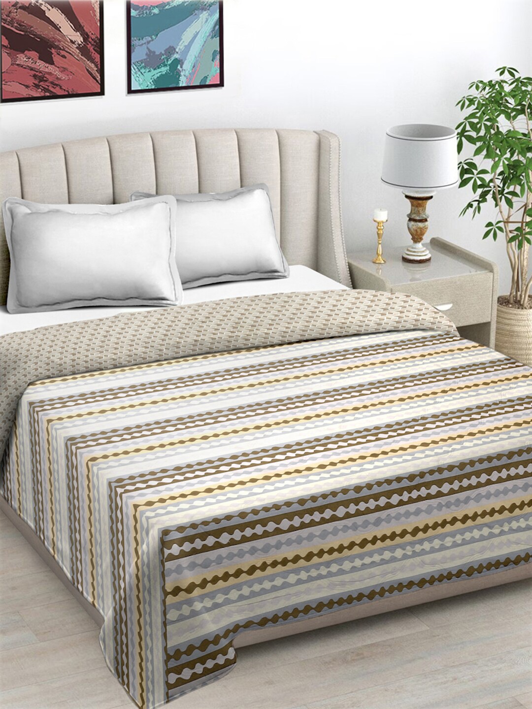 

FABINALIV Beige & Pink Striped Reversible Mild Winter 350 GSM Double Bed Comforter