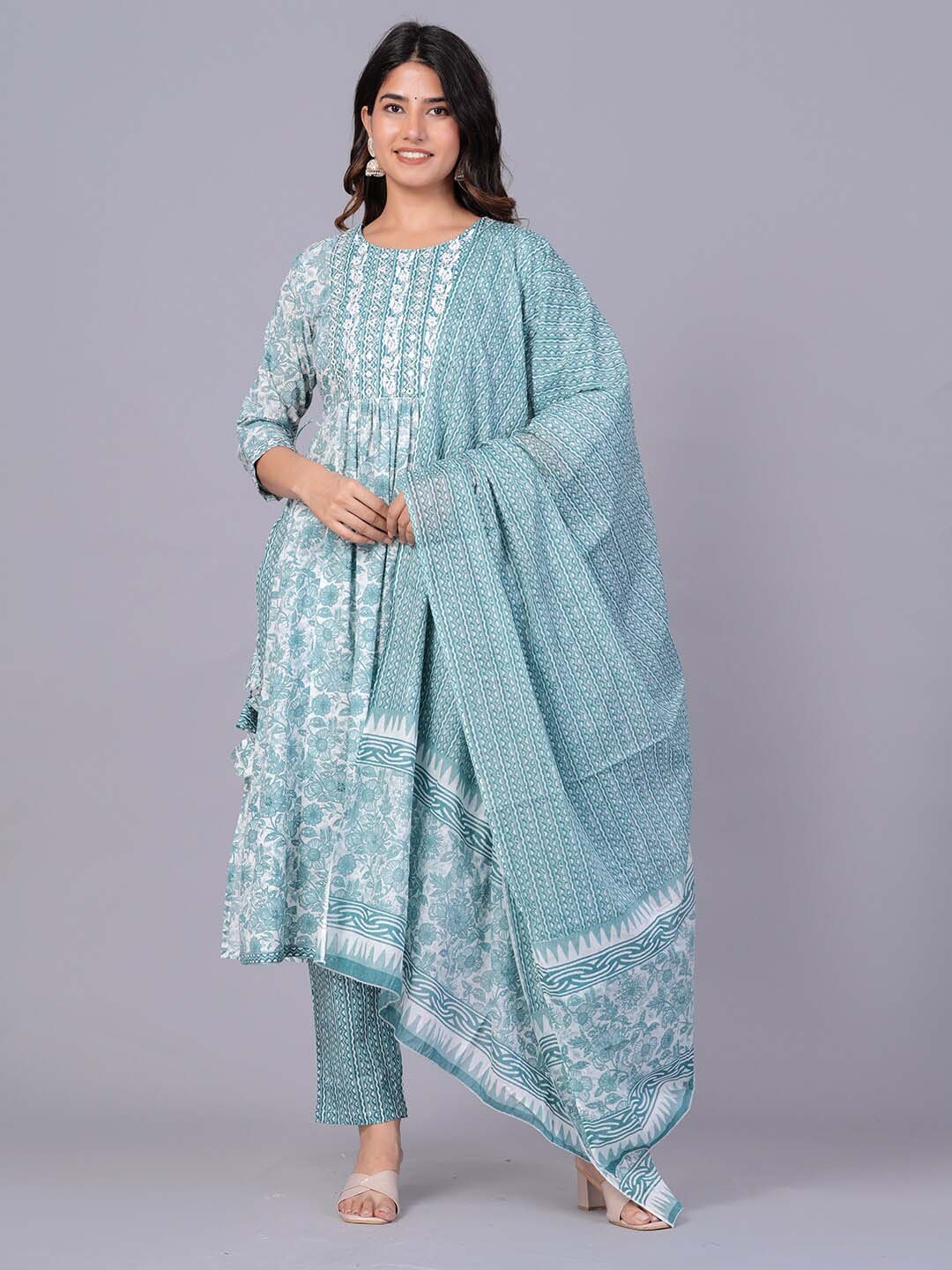

DHROOV TARA Floral Printed Thread work Pure Cotton High Slit Kurta With Trouser & Dupatta, Blue