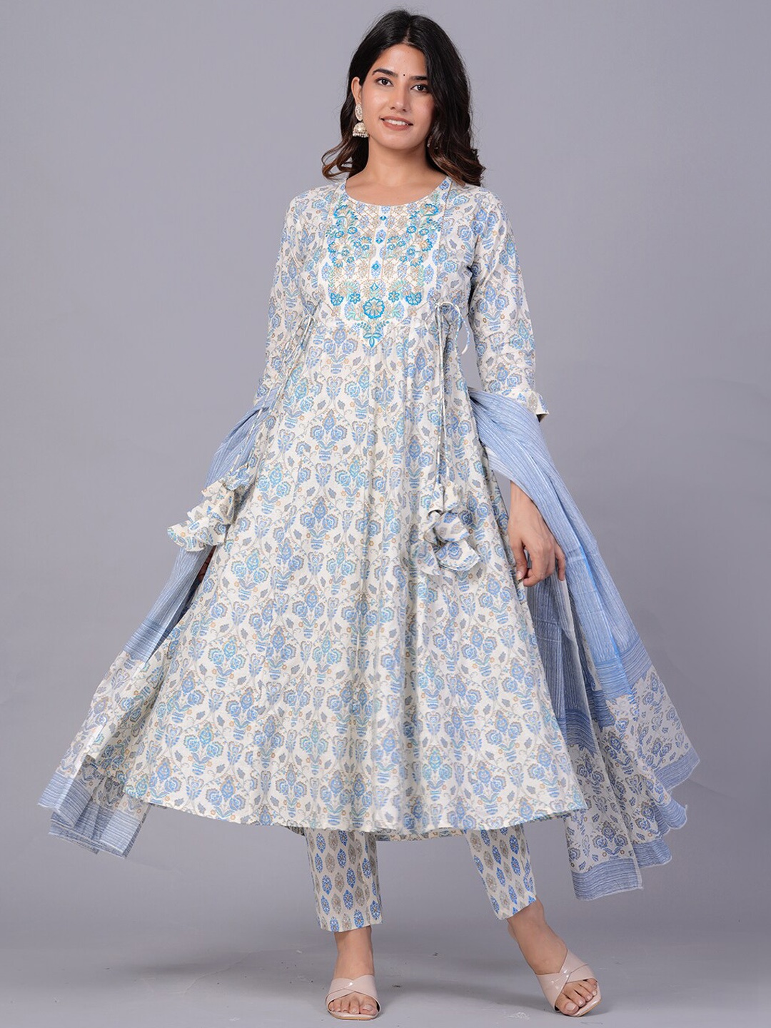 

DHROOV TARA Ethnic Motifs Printed Pure Cotton Anarkali Kurta With Trouser & Dupatta, Off white