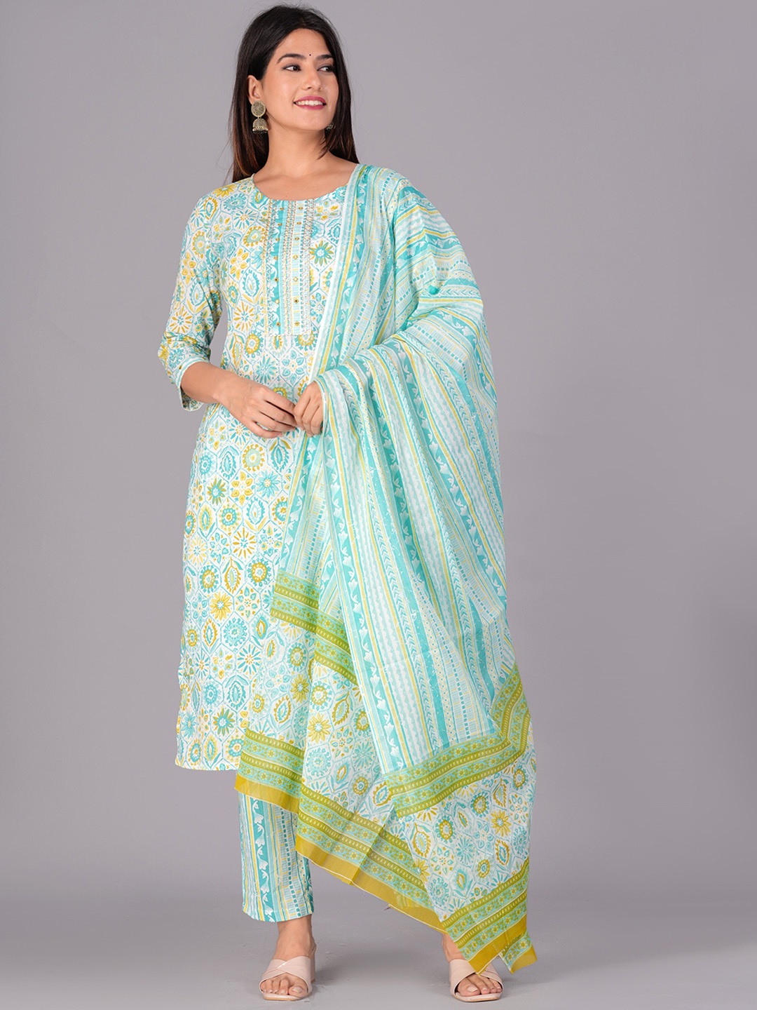 

DHROOV TARA Floral Printed Regular Kurta with Trousers & With Dupatta, Lime green