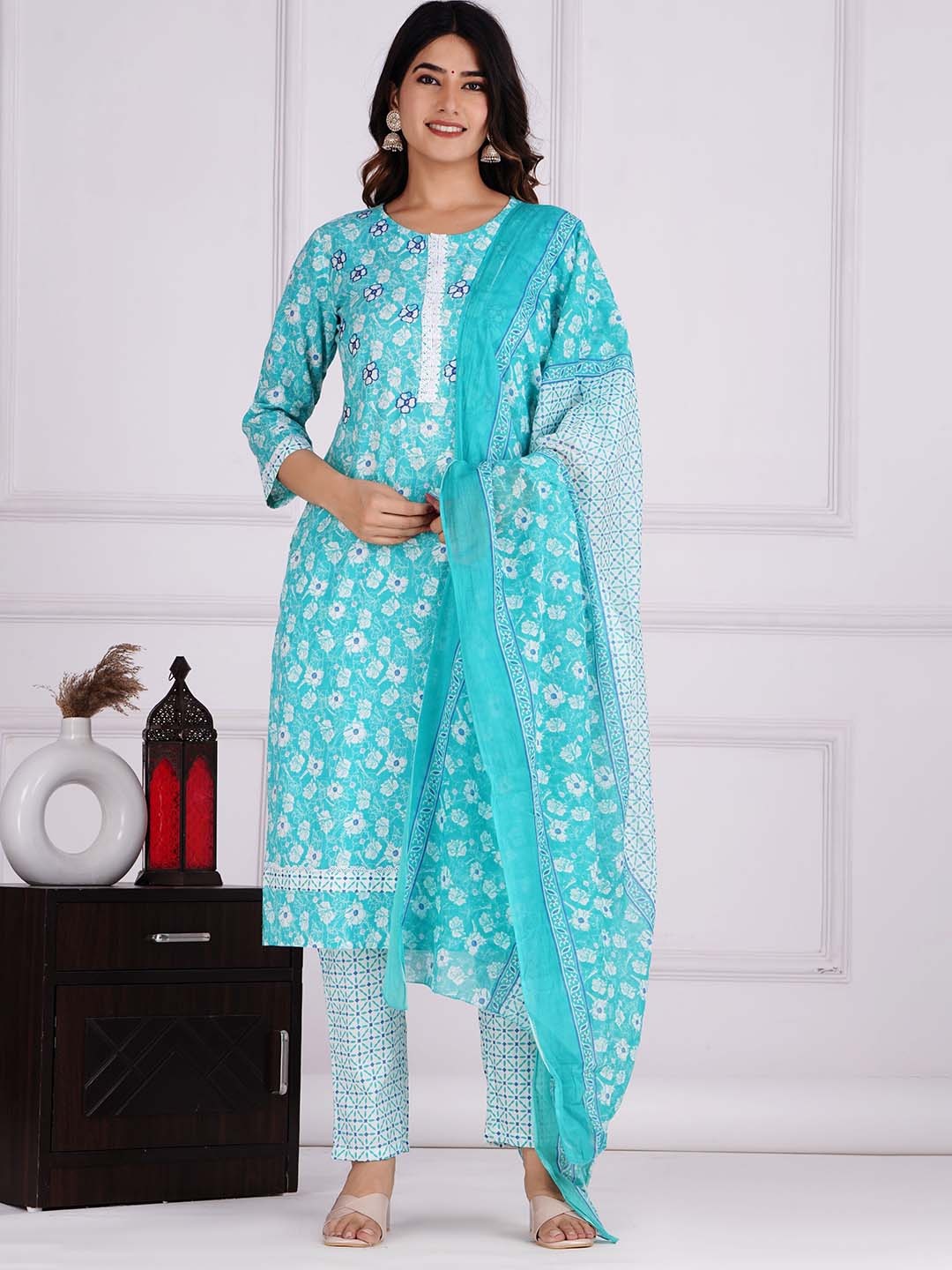 

DHROOV TARA Floral Printed Lace Pure Cotton Kurta With Trouser & Dupatta, Blue
