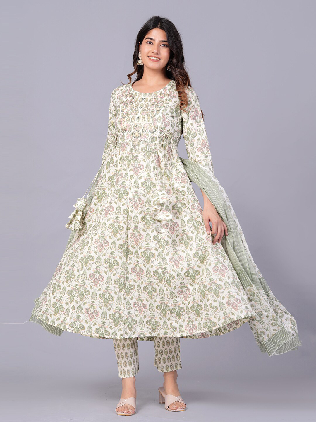 

DHROOV TARA Ethnic Motifs Printed Pure Cotton Anarkali Kurta With Trouser & Dupatta, Off white