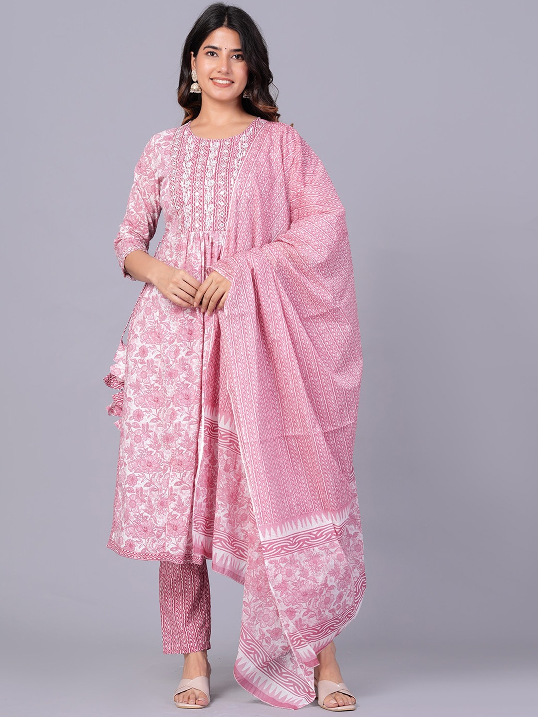 

DHROOV TARA Floral Embroidered Pure Cotton A Line Kurta With Trousers & Dupatta, Pink