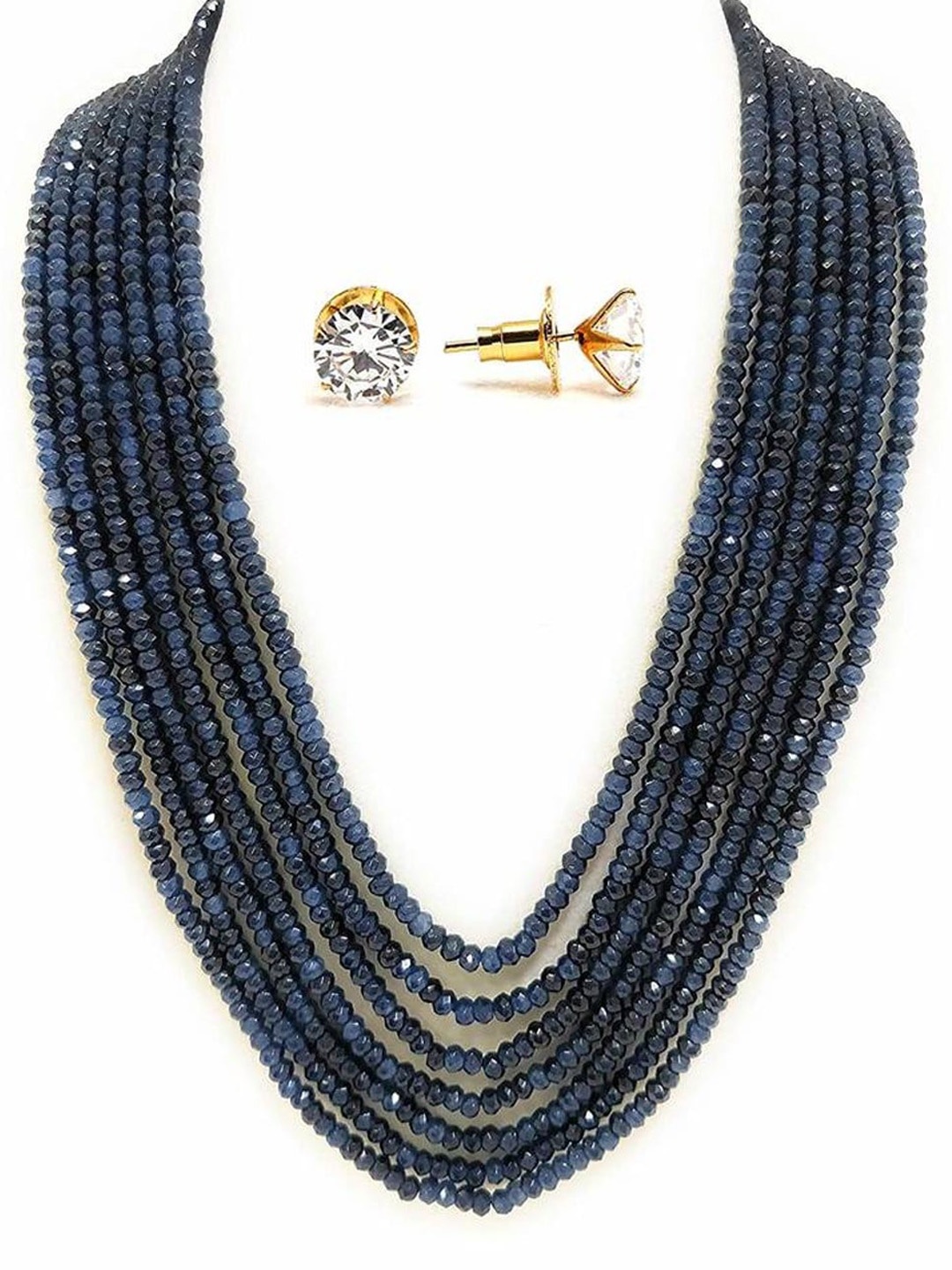 

Runjhun Layered Onex Beaded Necklace with Earrings, Navy blue