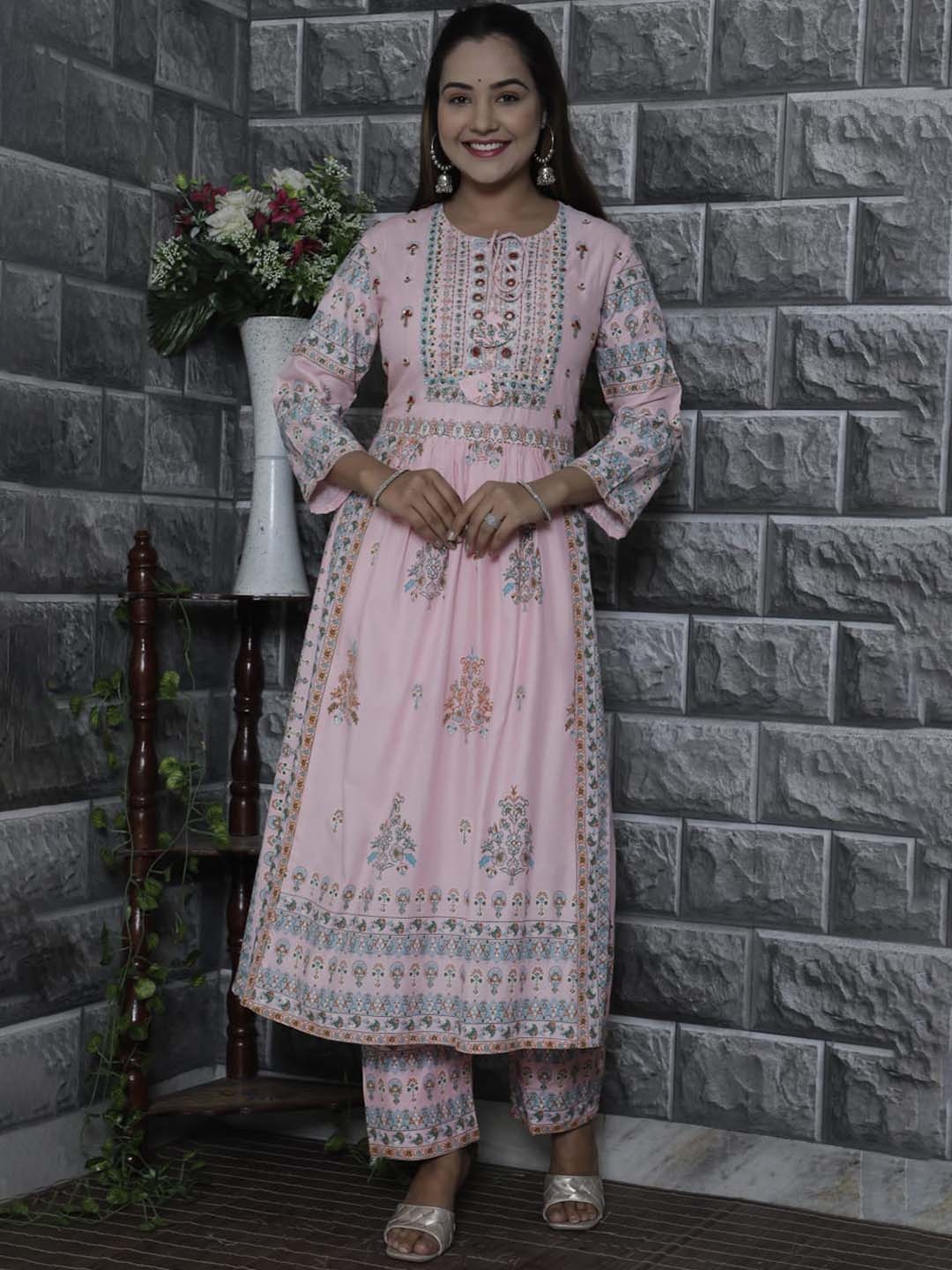 

DHROOV TARA Ethnic Motifs Printed A Line Kurta With Trousers, Pink