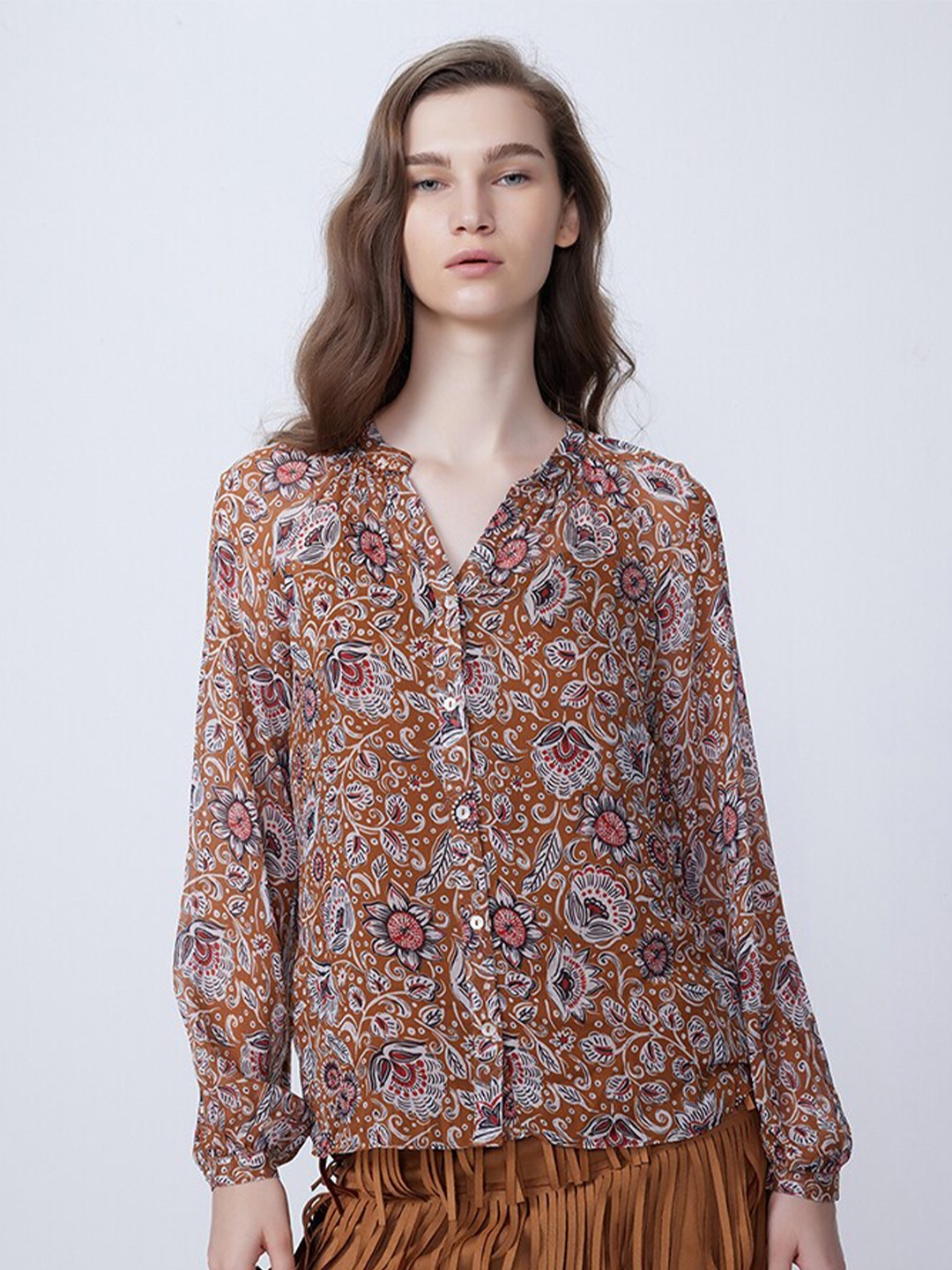 

COVER STORY Floral Printed Mandarin Collar Puff Sleeves Shirt Style Top, Mustard