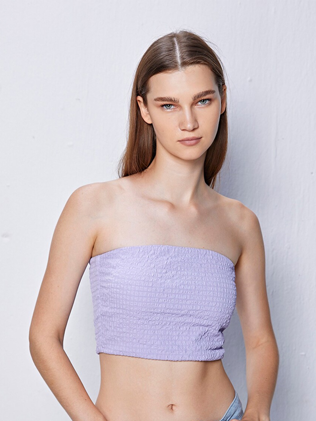 

COVER STORY Checked Strapless Tube Crop Top, Lavender