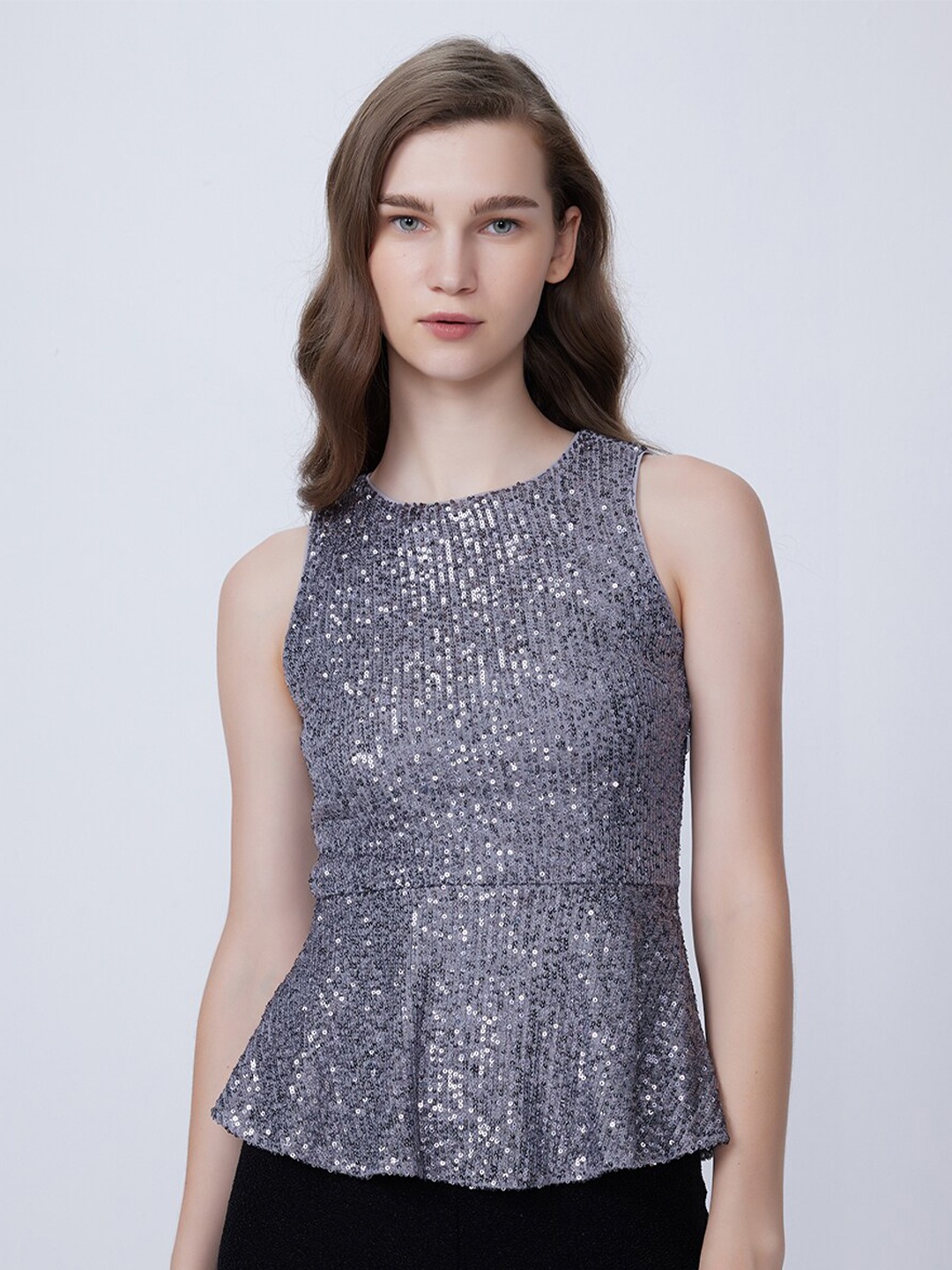 

COVER STORY Sequinned Sleeveless Peplum Top, Grey