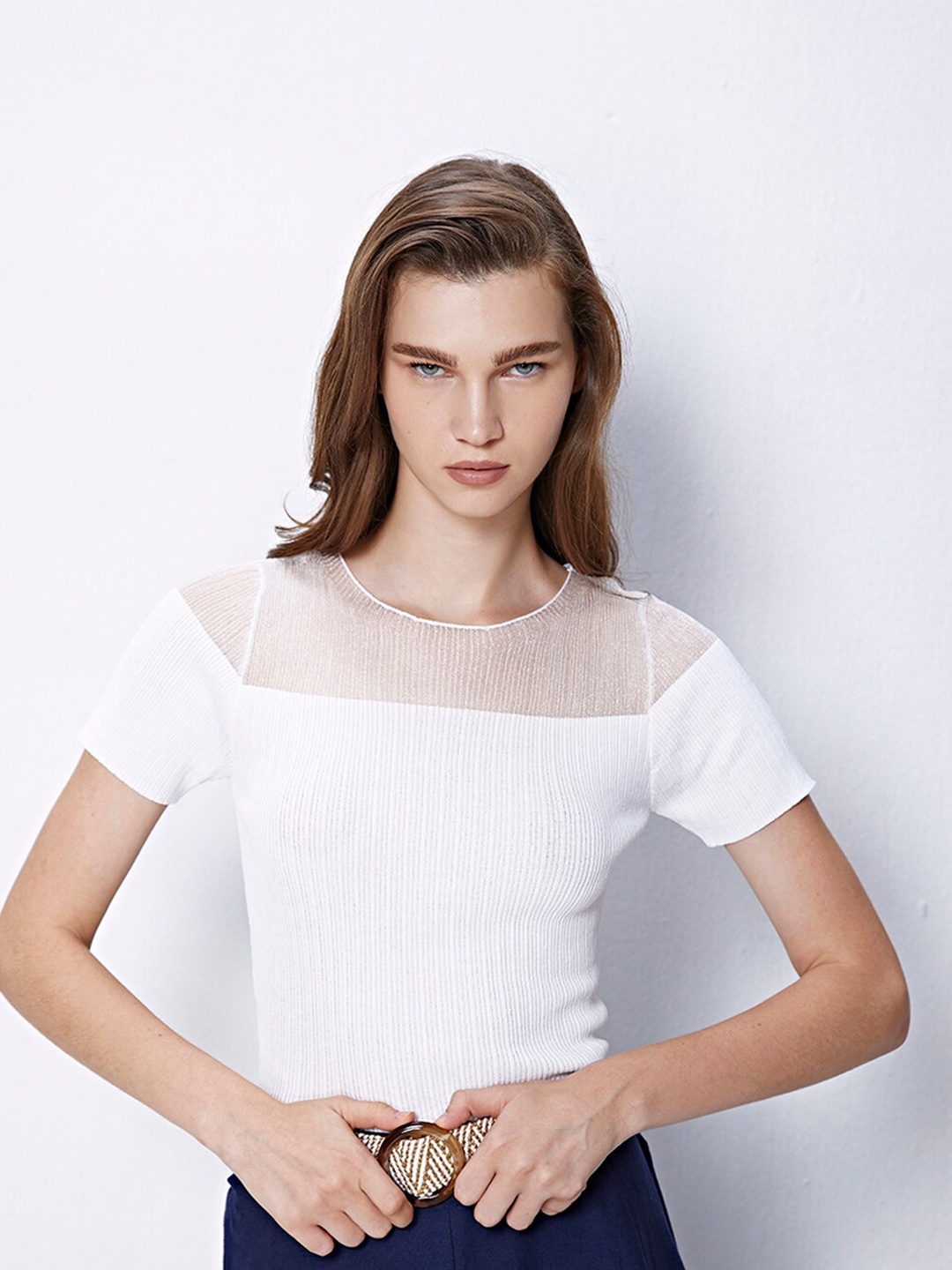 

COVER STORY Vertical Stripes Semi Sheer Fitted Top, White