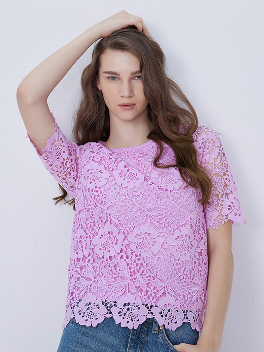 

COVER STORY Self Design Lace Top, Purple