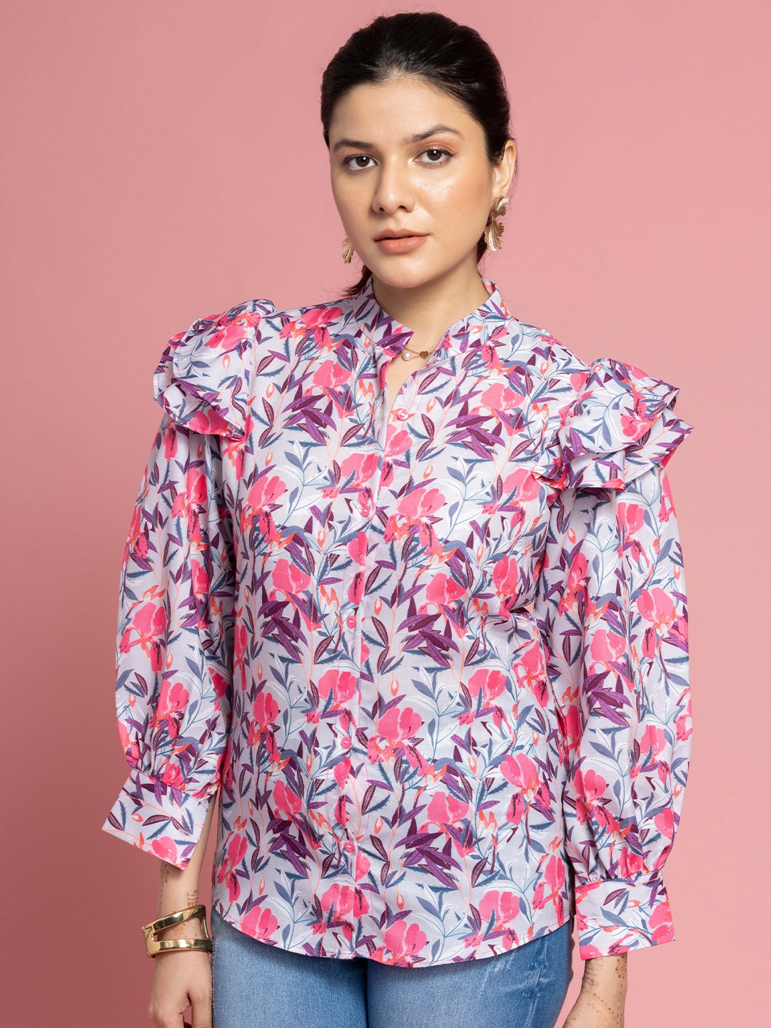 

SEW YOU SOON Floral Printed Mandarin Collar Cuffed Sleeves Shirt Style Top, White
