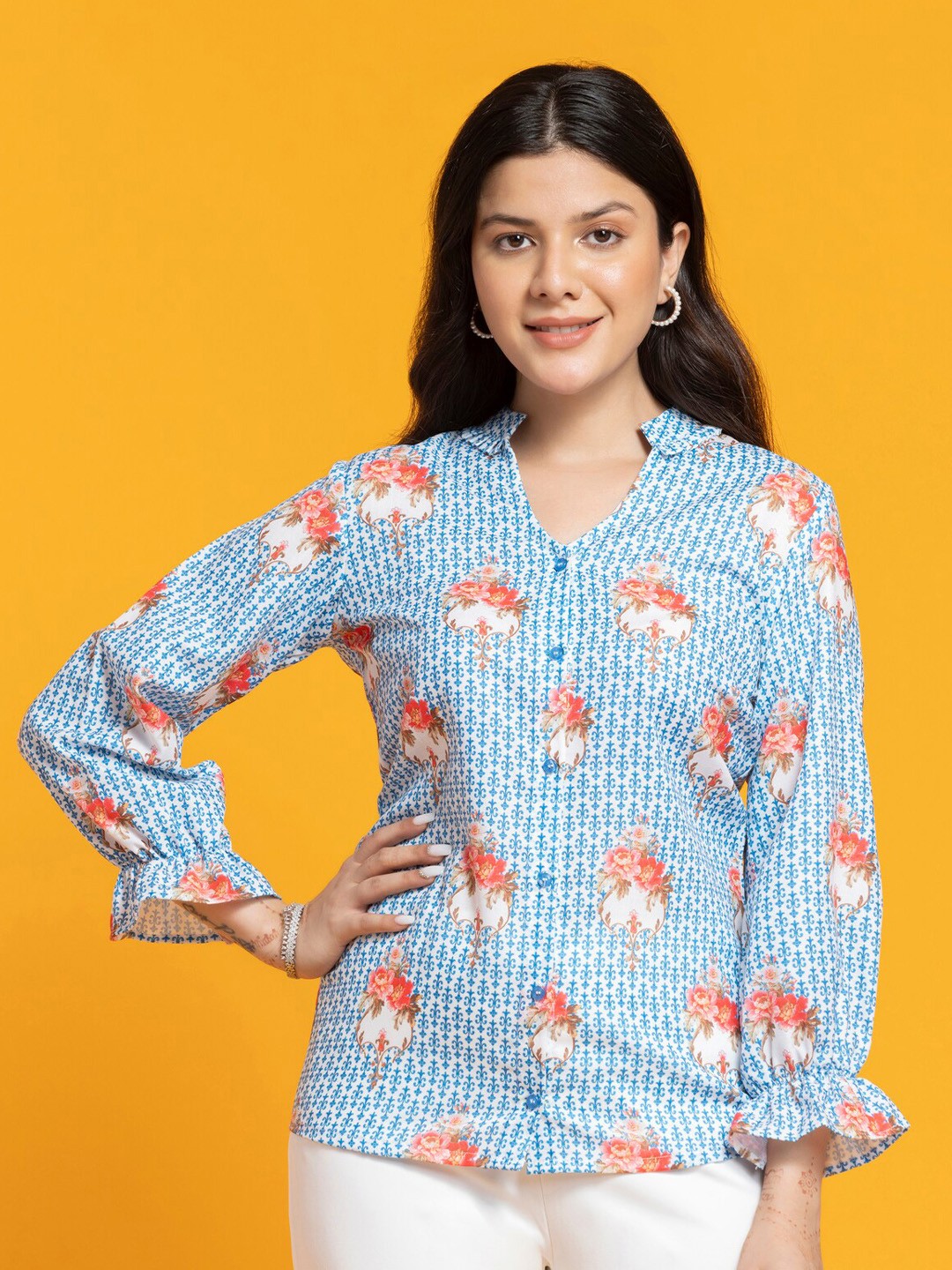 

SEW YOU SOON Floral Printed Mandarin Collar Puff Sleeves Shirt Style Top, White