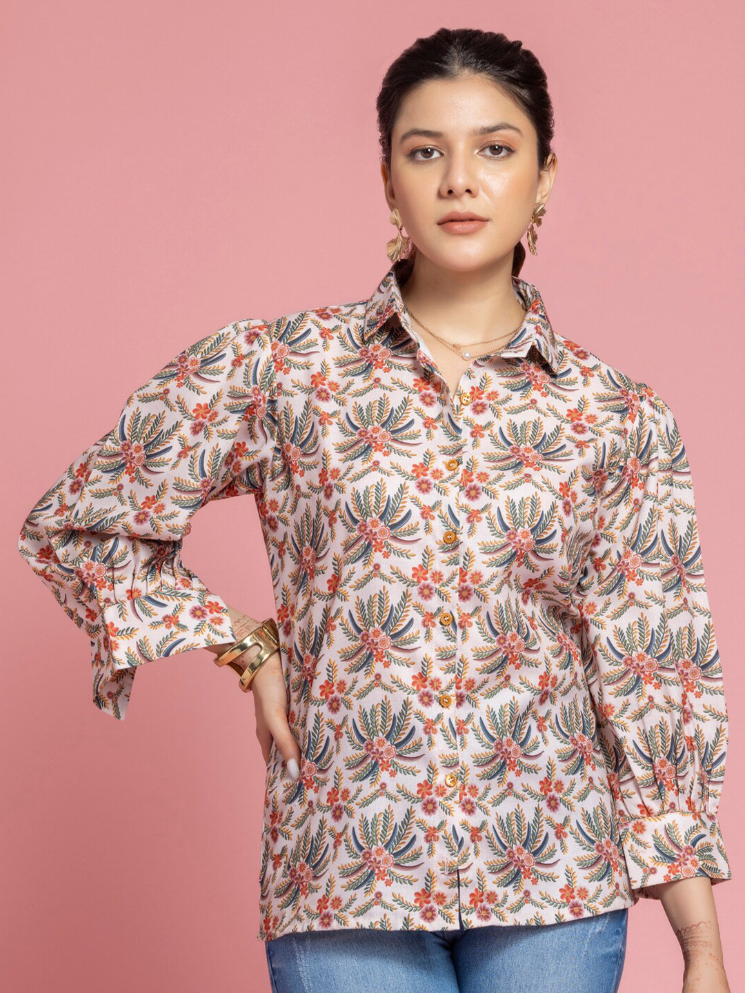 

SEW YOU SOON Floral Printed Shirt Collar Cuffed Sleeves Shirt Style Top, Cream