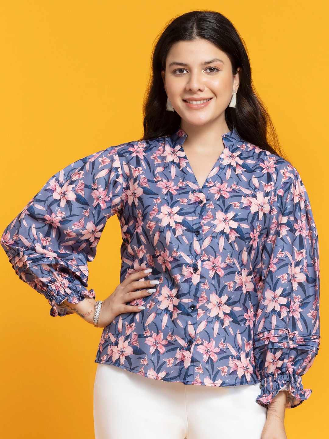 

SEW YOU SOON Floral Printed Mandarin Collar Puff Sleeves Shirt Style Top, Blue