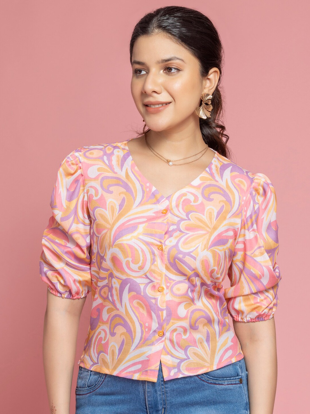 

SEW YOU SOON Floral Printed V-Neck Puff Sleeves Top, Pink