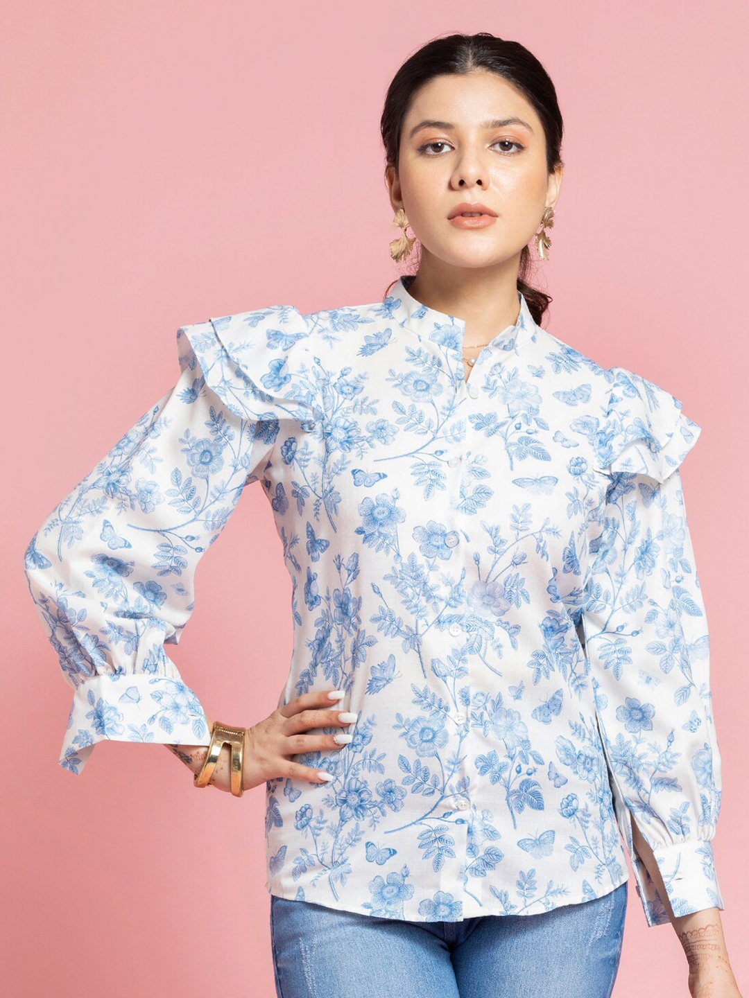 

SEW YOU SOON Floral Printed Mandarin Collar Cuffed Sleeves Shirt Style Top, White