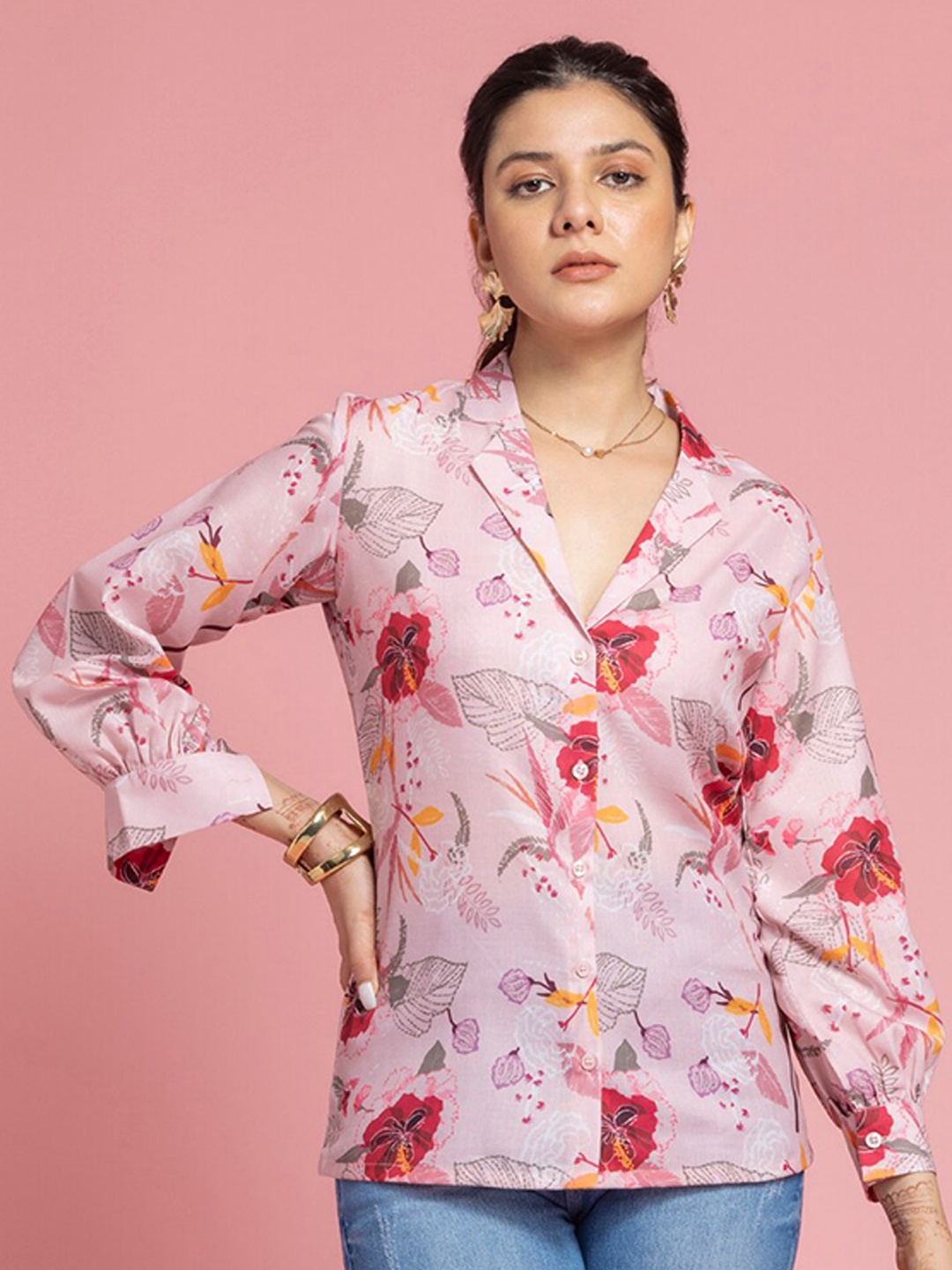 

SEW YOU SOON Floral Printed Lapel Collar Cuffed Sleeves Shirt Style Top, Pink
