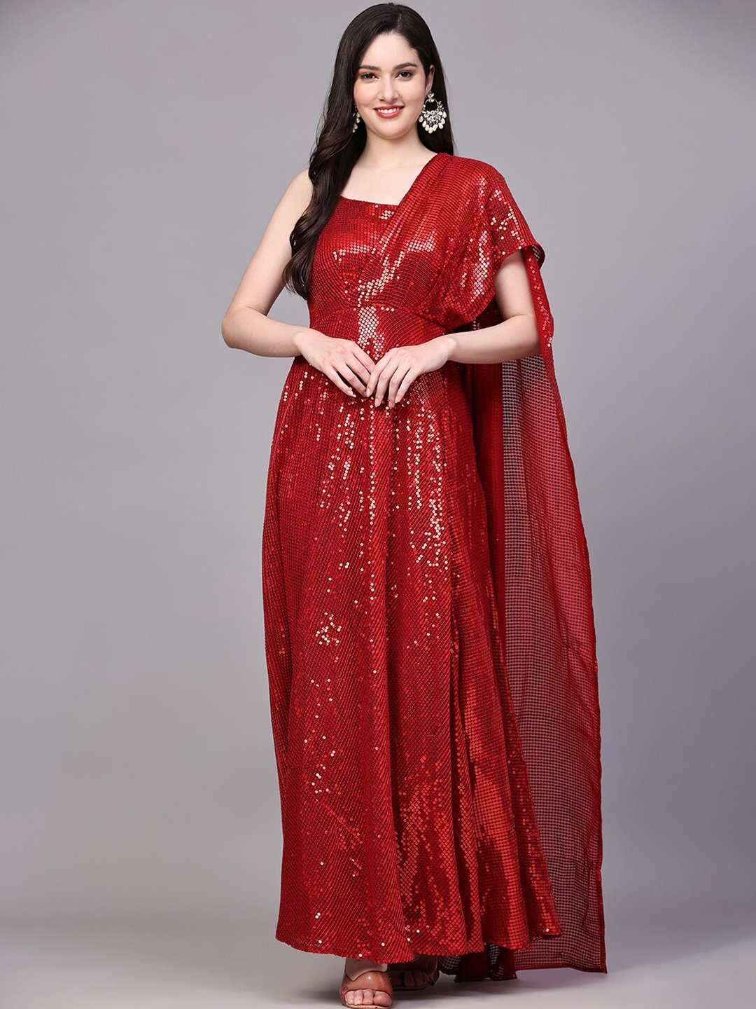 

BLACK SCISSOR Embellished Shoulder Strap Gathered Georgette Gown Maxi Dress, Red