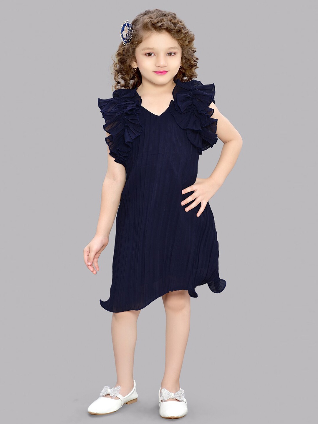 

Pink Chick Girls Flutter Sleeves Ruffles Georgette A-Line Dress, Navy blue