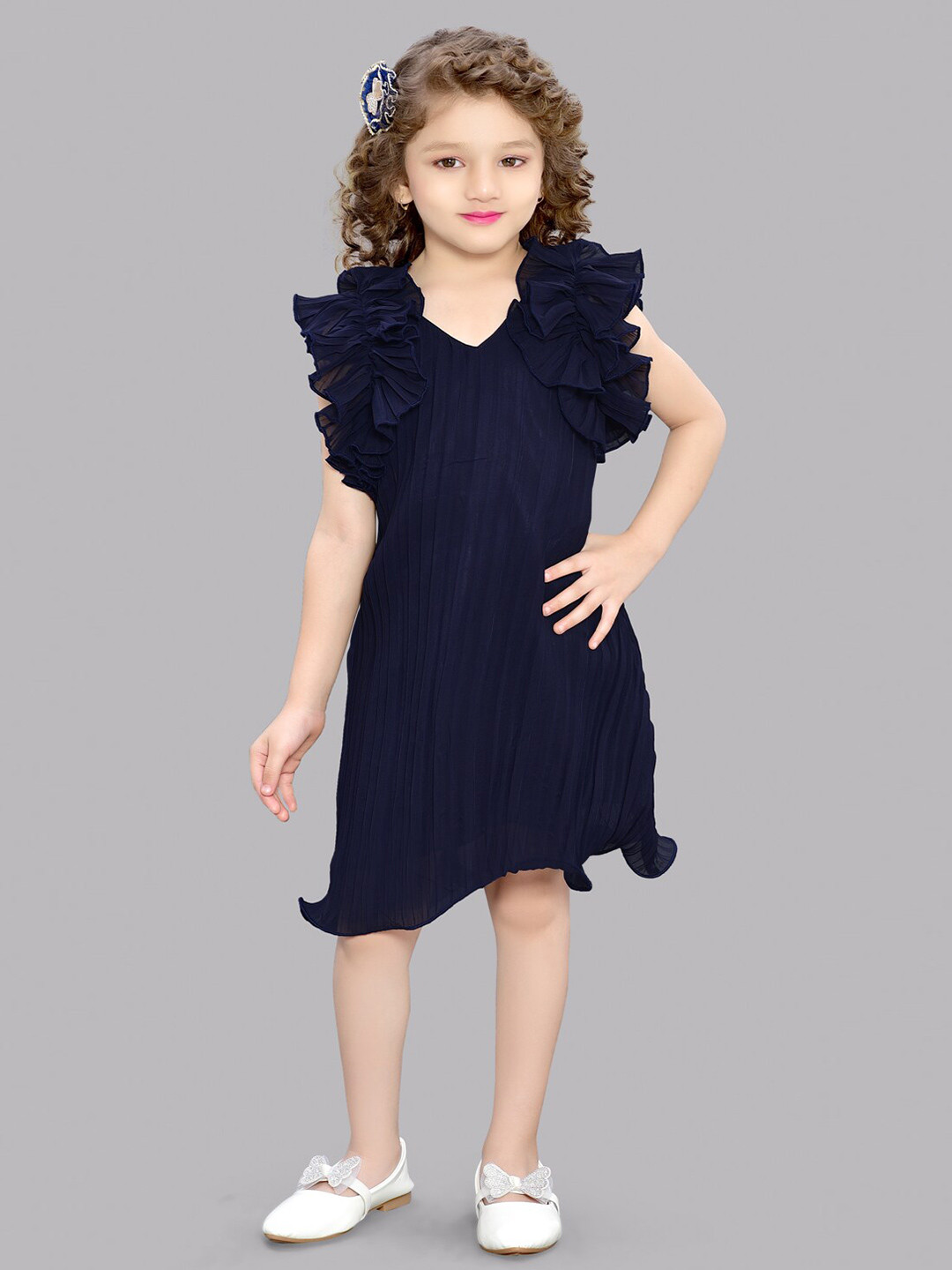 

Pink Chick Flutter Sleeves A-Line Dress, Navy blue