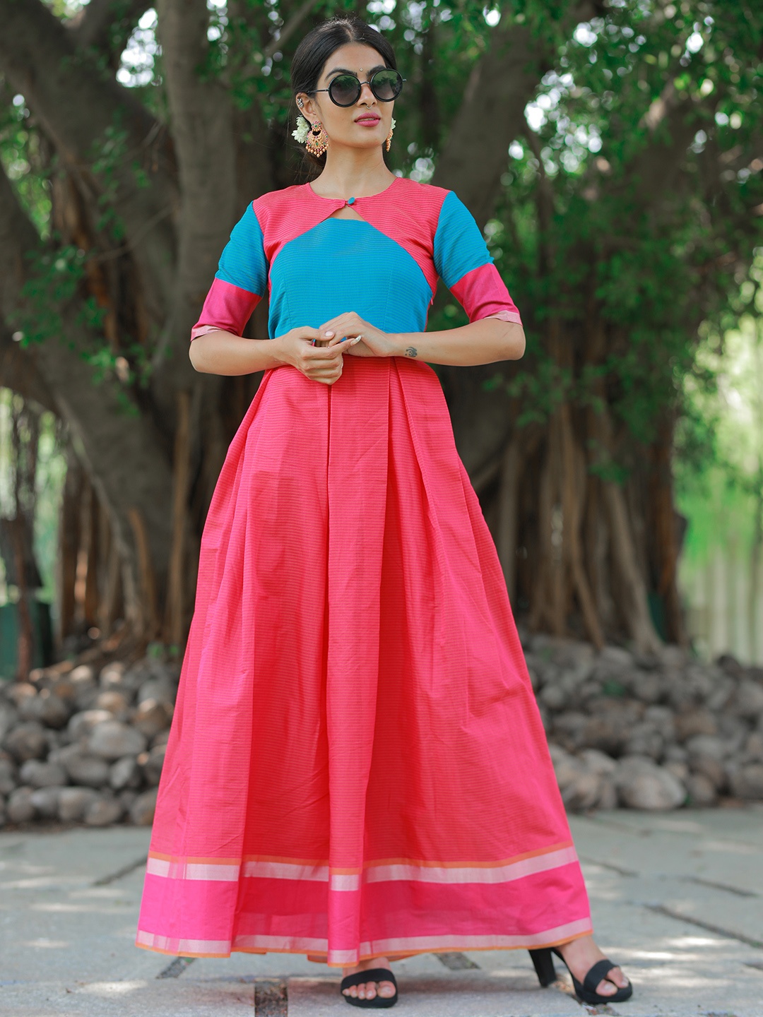 

Vinya Striped Cotton Fit and Flare Maxi Ethnic Dress, Pink