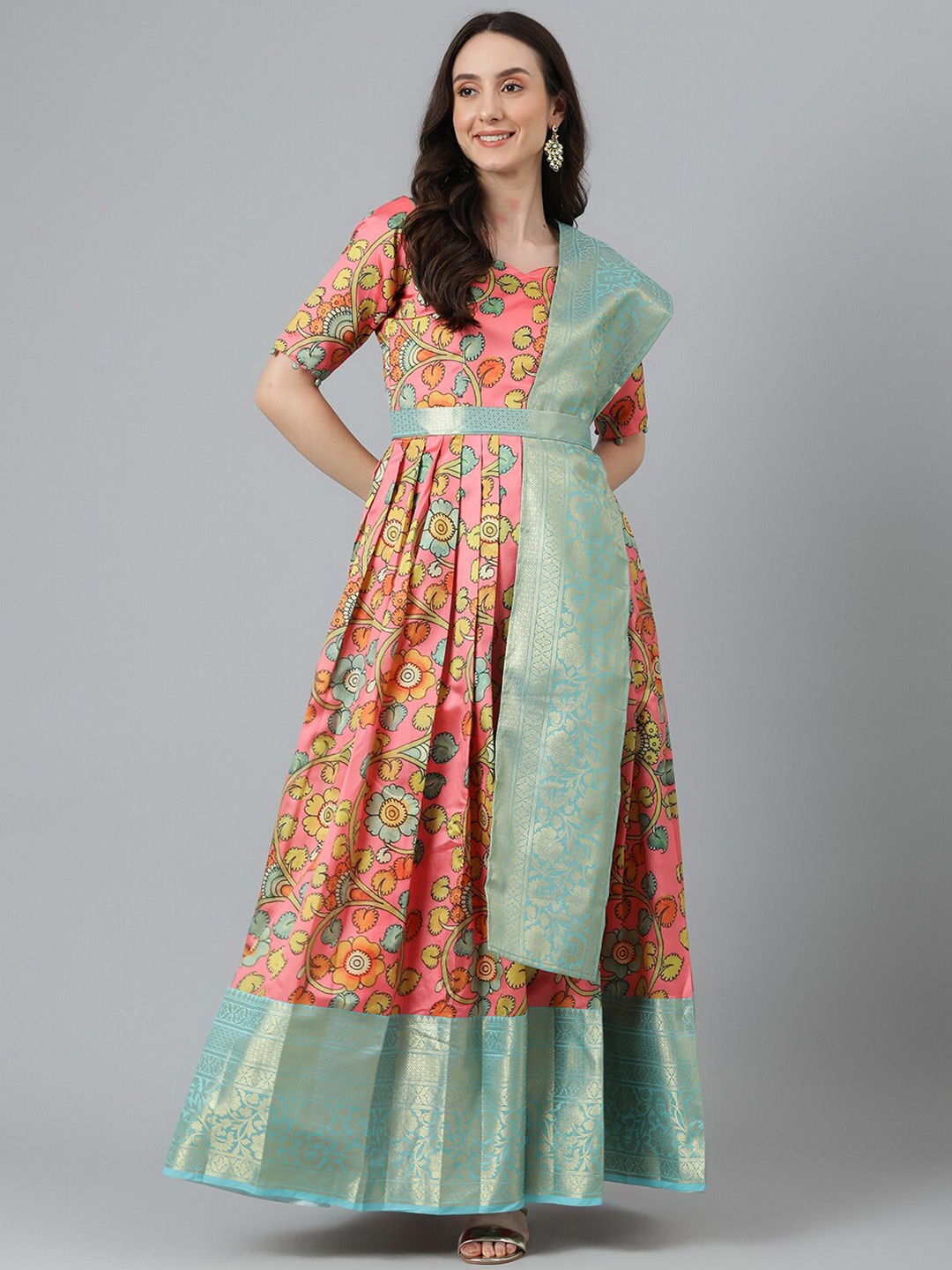 

Vinya Ethnic Motifs Printed Silk Ethnic Dress With Dupatta & Belt, Peach