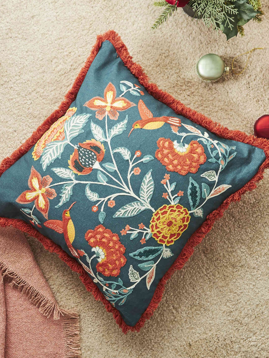 

Chumbak Teal & Orange Quirky Cotton Square Cushion Cover