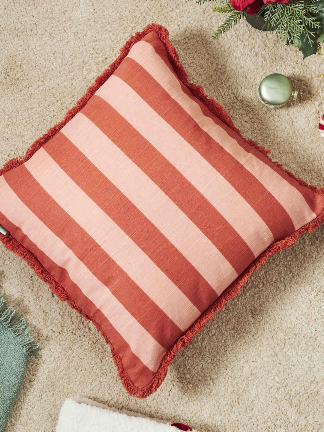 

Chumbak White & Coral Embroidered Cotton Square Cushion Cover