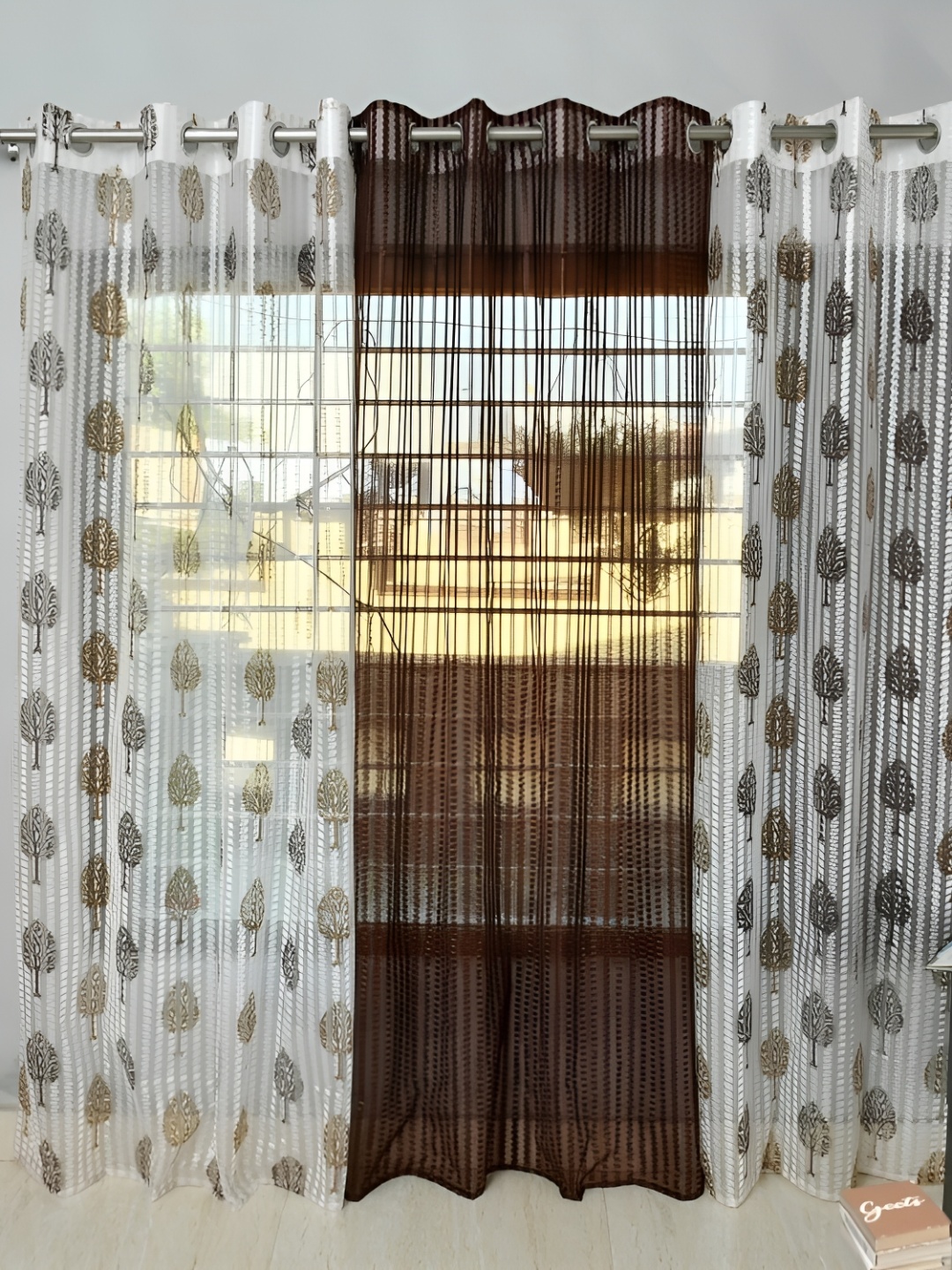 

COMFY HOME Brown & White 3 Pieces Ethnic Motifs Sheer Window Curtains