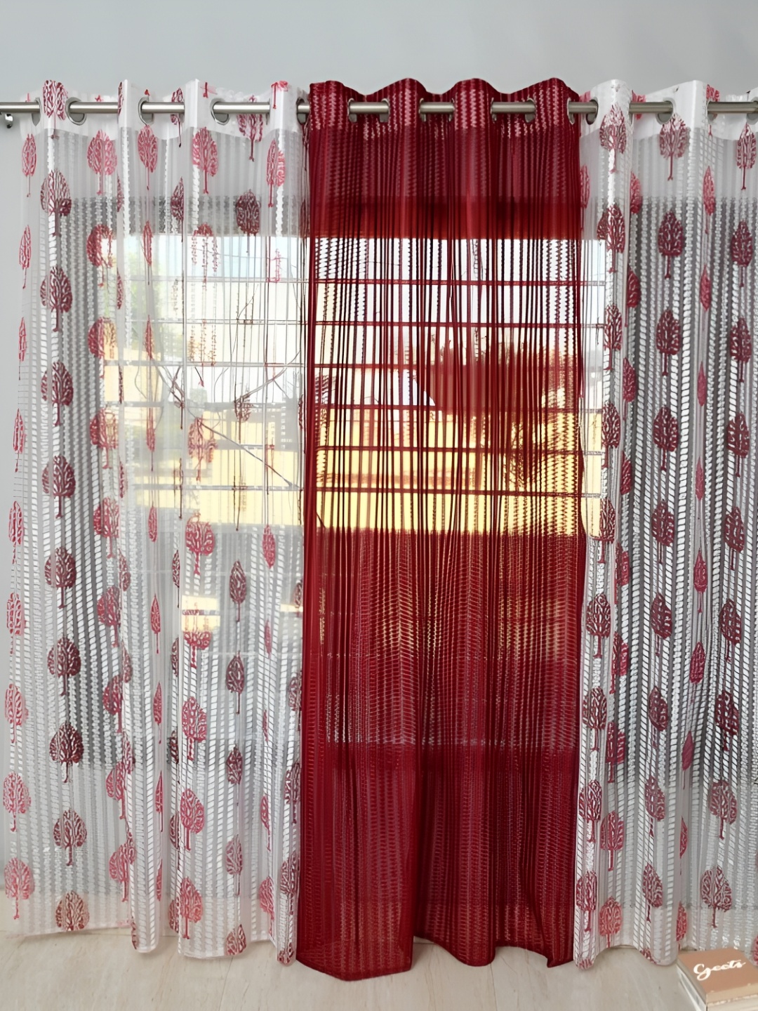 

COMFY HOME Maroon & White 3 Pieces Floral Sheer Window Curtains