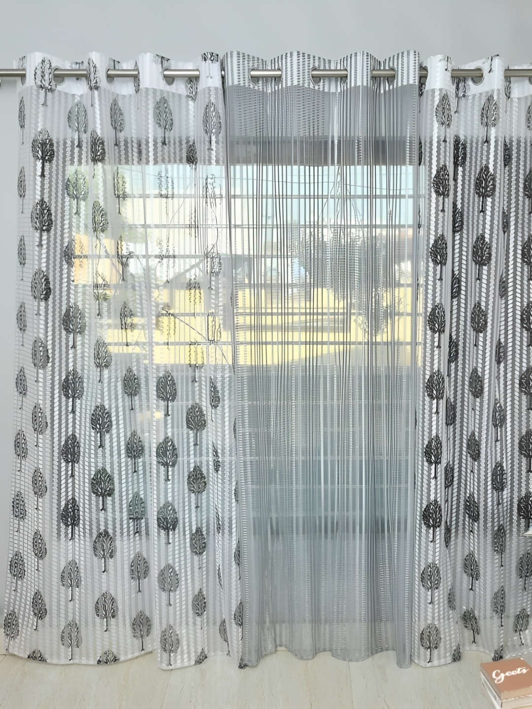 

COMFY HOME White & Grey 2 Pieces Floral Sheer Window Curtains
