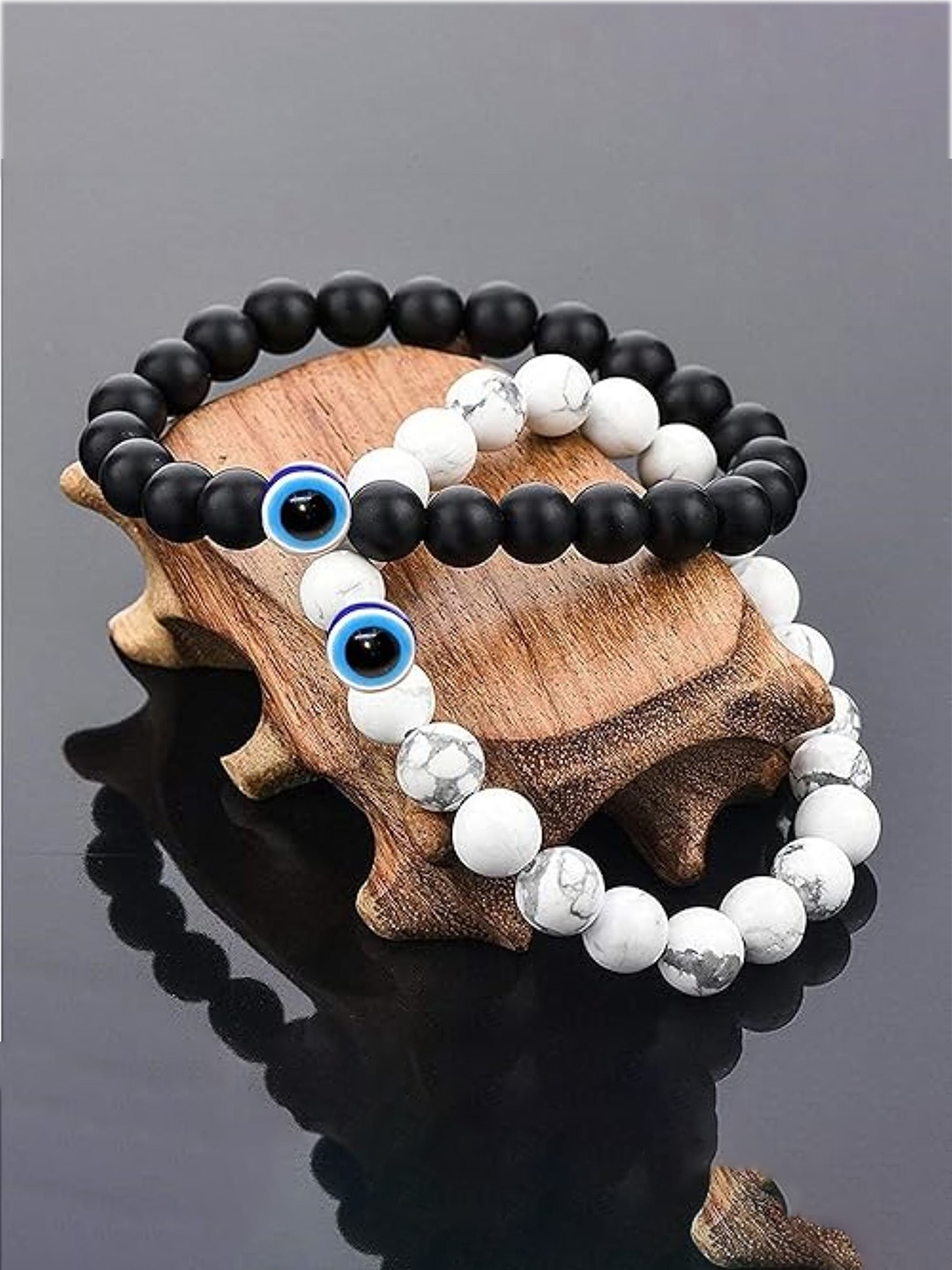 

KARISHMA KREATIONS Beads Beaded Elasticated Evil Eye Charms Couples Bracelet, Black