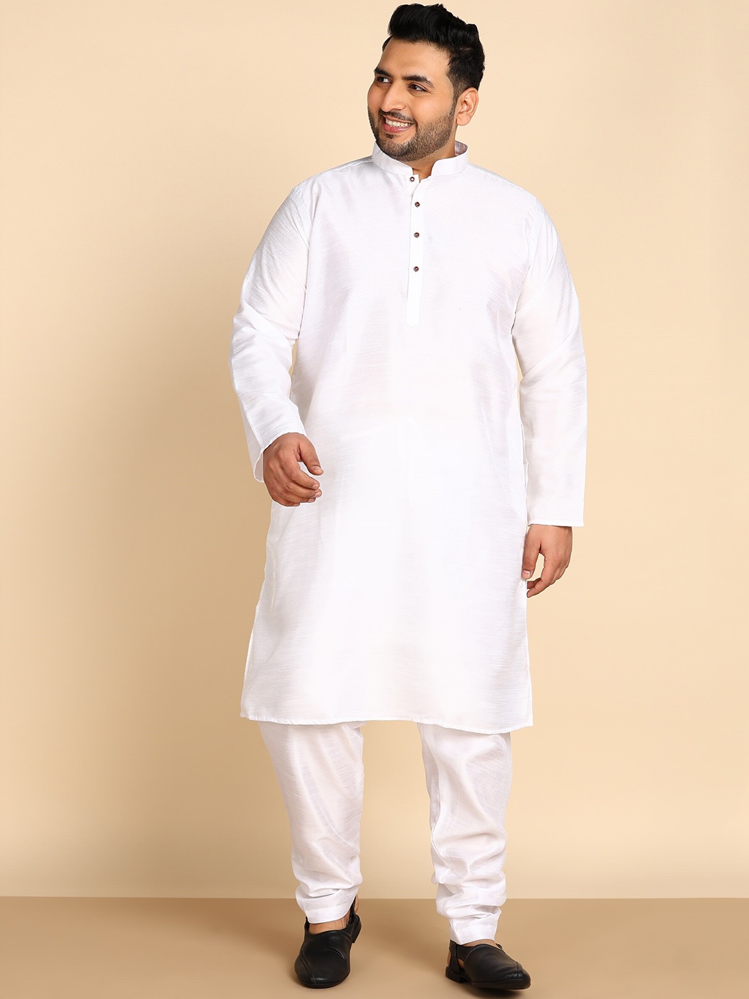 

Sztori Plus Size Mandarin Collar Regular Kurta with Pyjamas, White