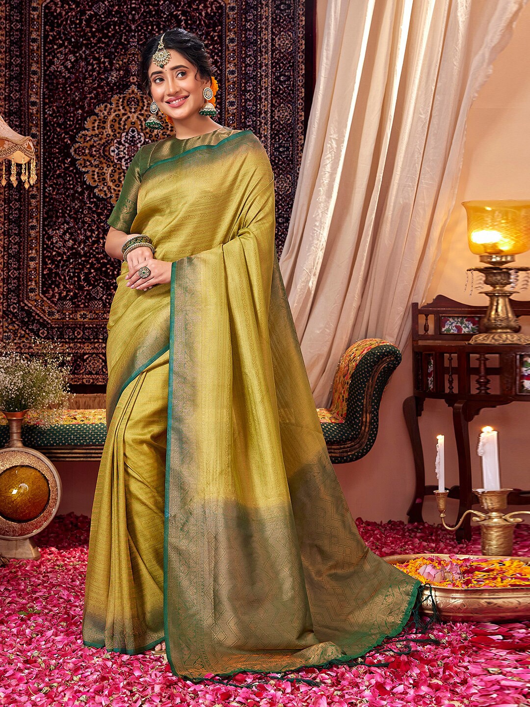 

Satrani Ethnic Motifs Ethnic Motifs Zari Saree, Olive