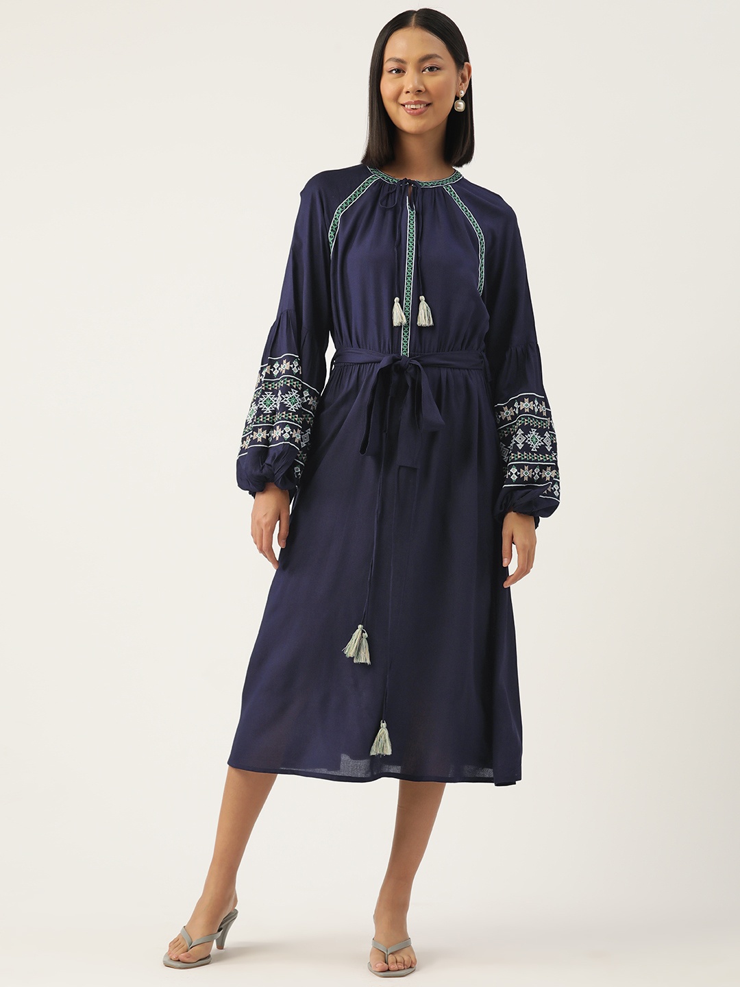 

CRAFTED FOR YOU Embroidered Tie-Up Neck Puff Sleeve A-Line Midi Dress, Navy blue