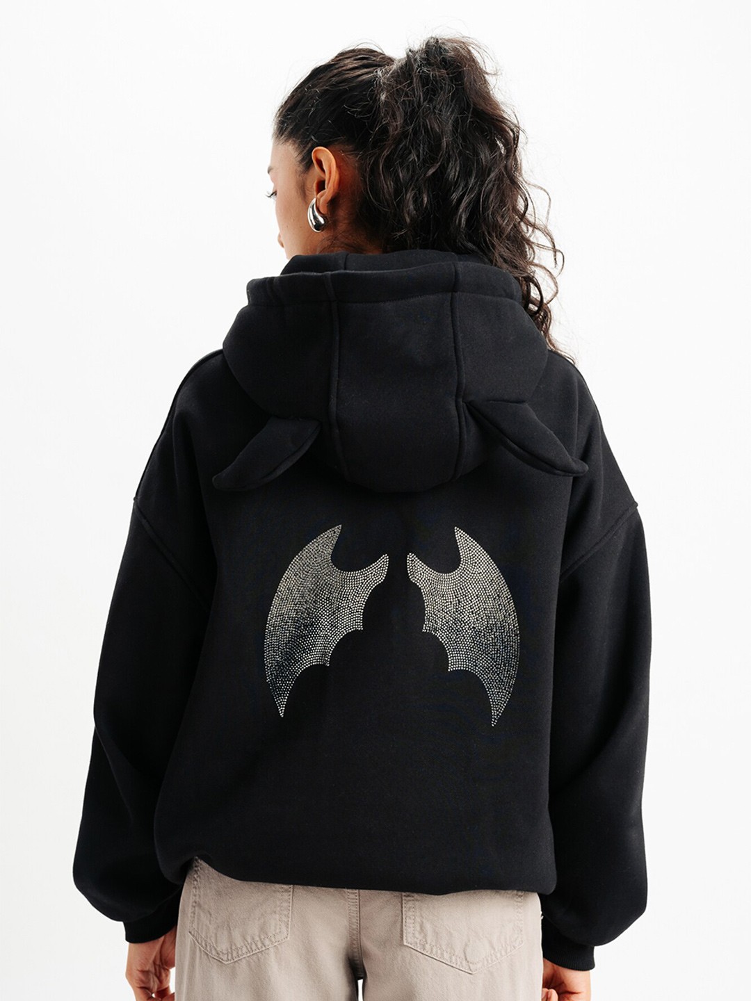 

FREAKINS Black Embellished Batman Hood Pullover Sweatshirt