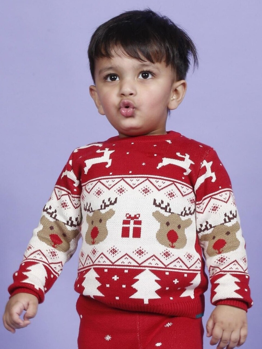 

Greendeer Kids Jaunty Reindeer Jacquard Pure Cotton Pullover, Red