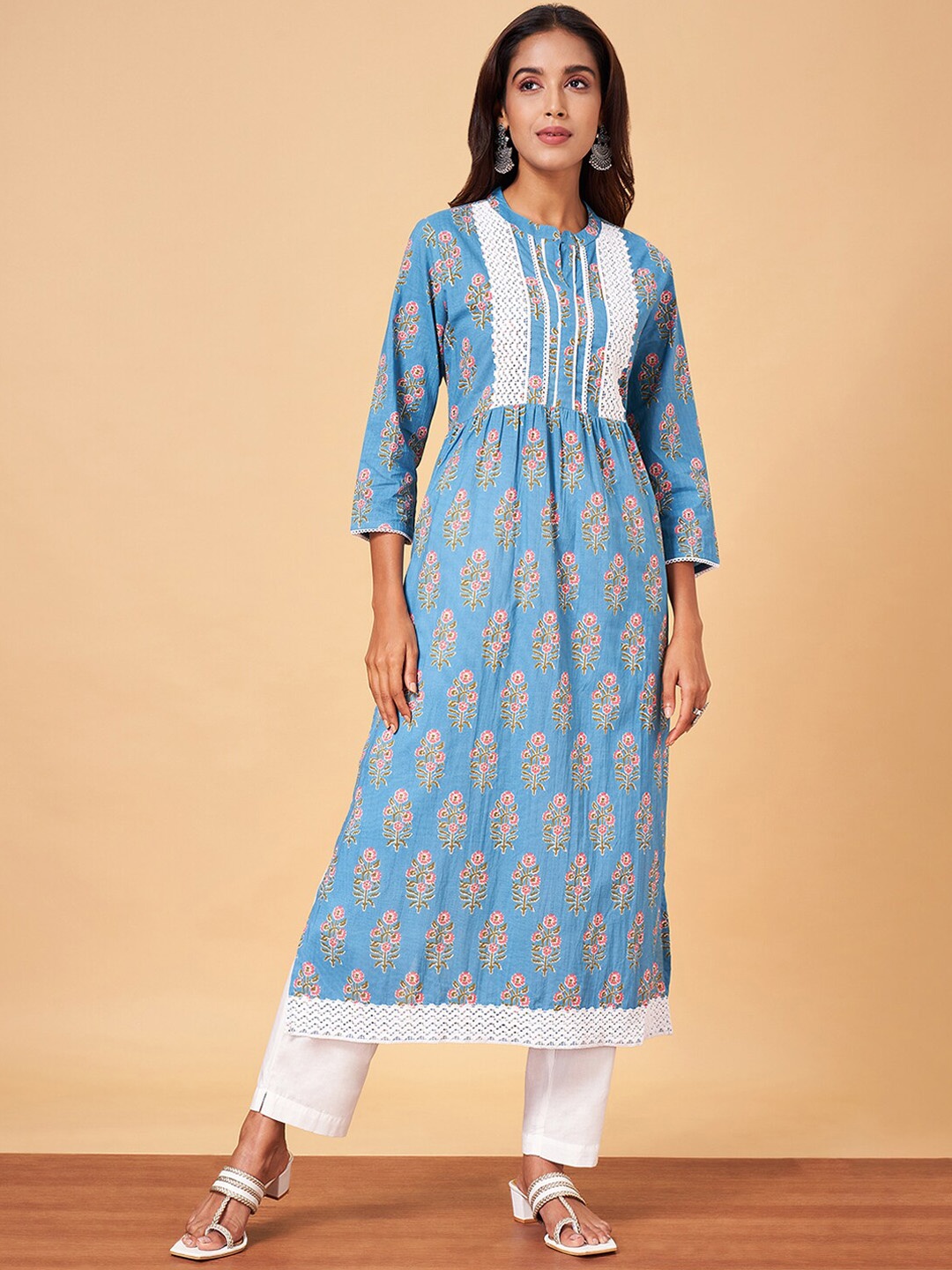 

YU by Pantaloons Ethnic Motifs Printed Pure Cotton Kurta With Palazzos & Dupatta, Blue